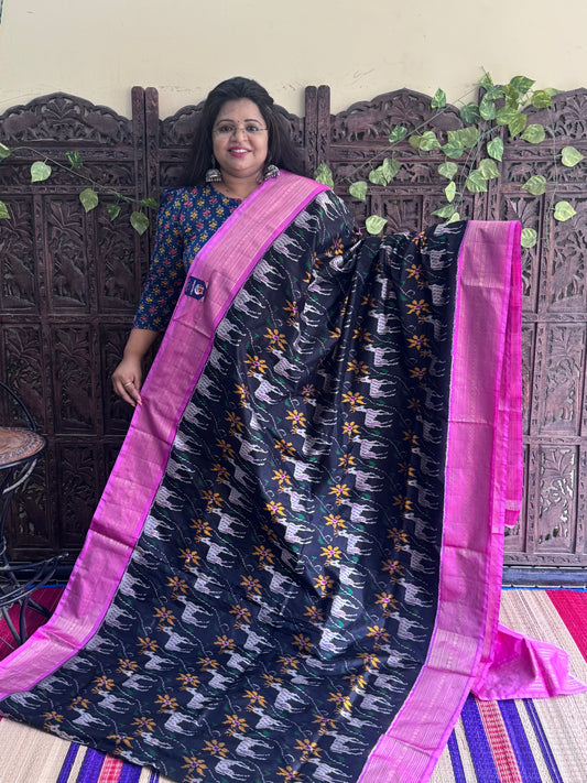 Black Pochampally Ikkat Silk Saree with Zari Border | Pure Handloom, Silk Mark Certified (Copy)