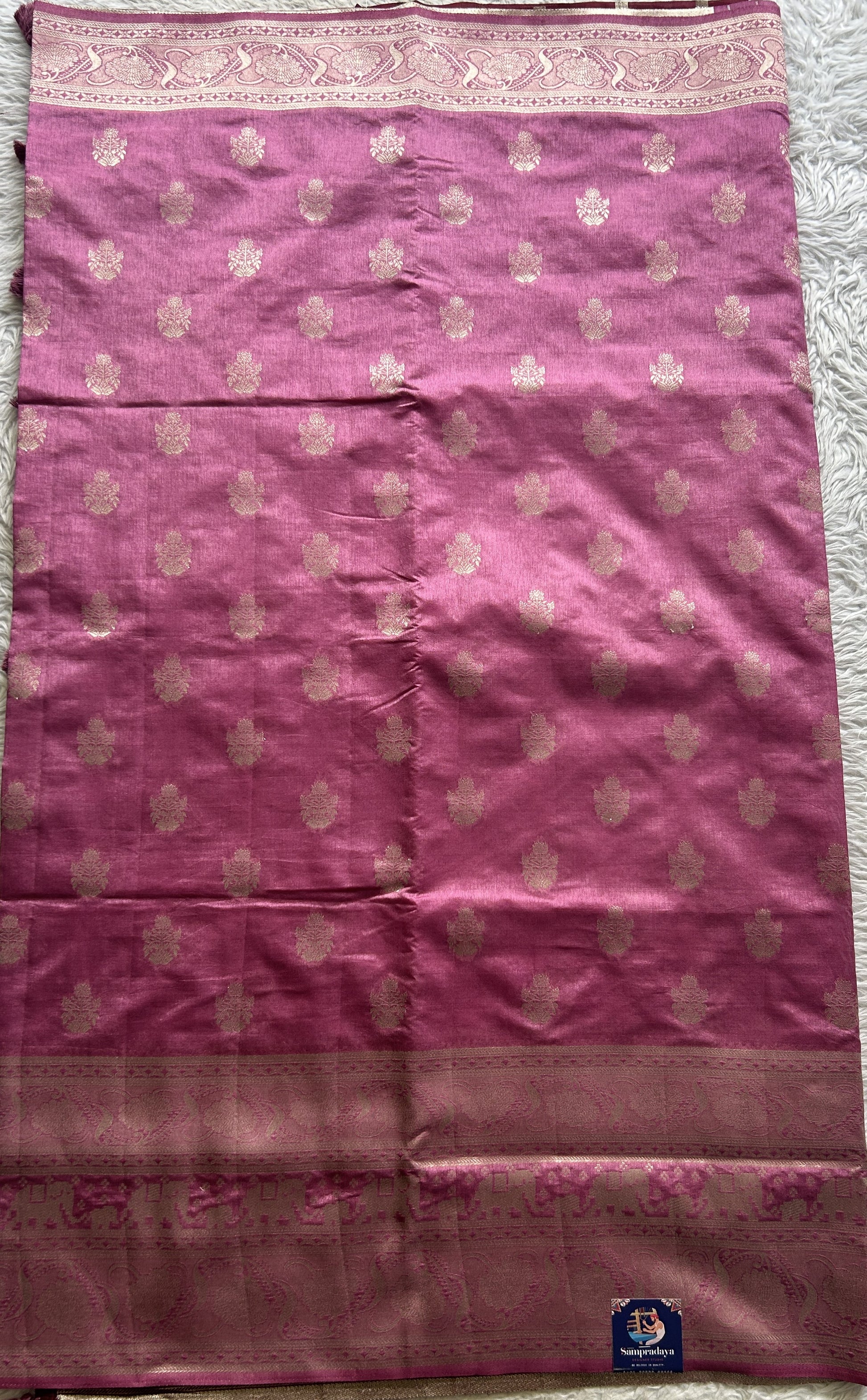 Semi Raw Silk Saree Dusty Rose Pink Colored Complemented with a Zari Border. - Sampradaya Designer Studio