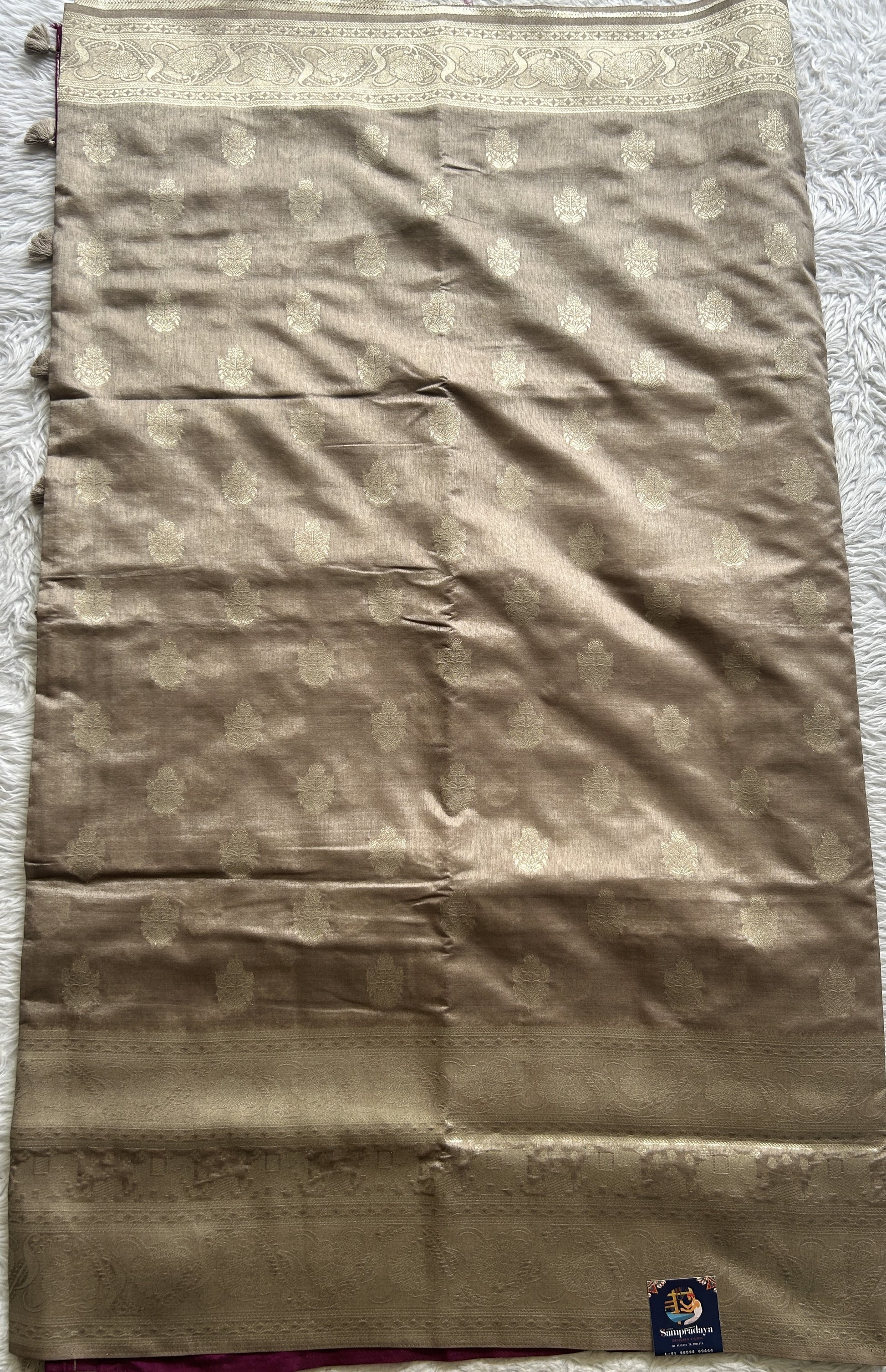 Semi Raw Silk Saree Ash Colored Complemented with a Zari Border. - Sampradaya Designer Studio