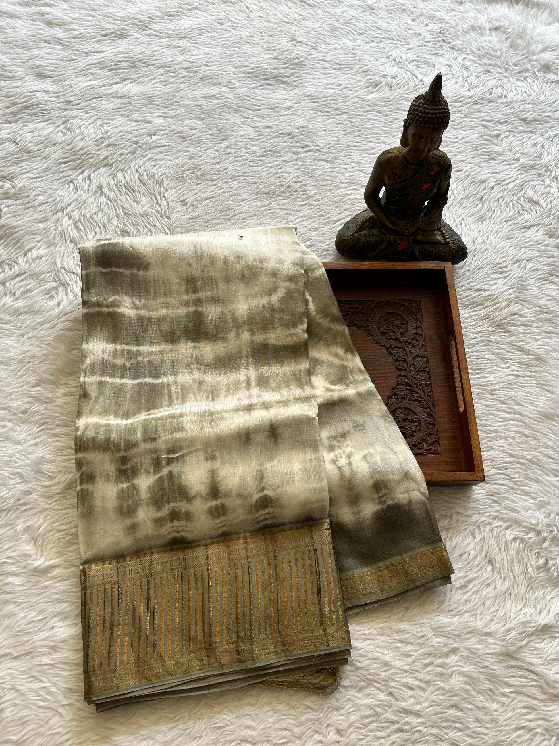 Mangalagiri Pattu Shibori Saree Off White colored complemented with a Dark Olive Green Zari Border - Sampradaya Designer Studio