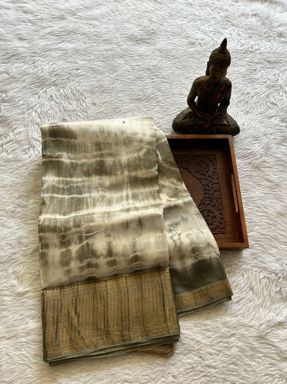 Mangalagiri Pattu Shibori Saree Off White colored complemented with a Dark Olive Green Zari Border - Sampradaya Designer Studio