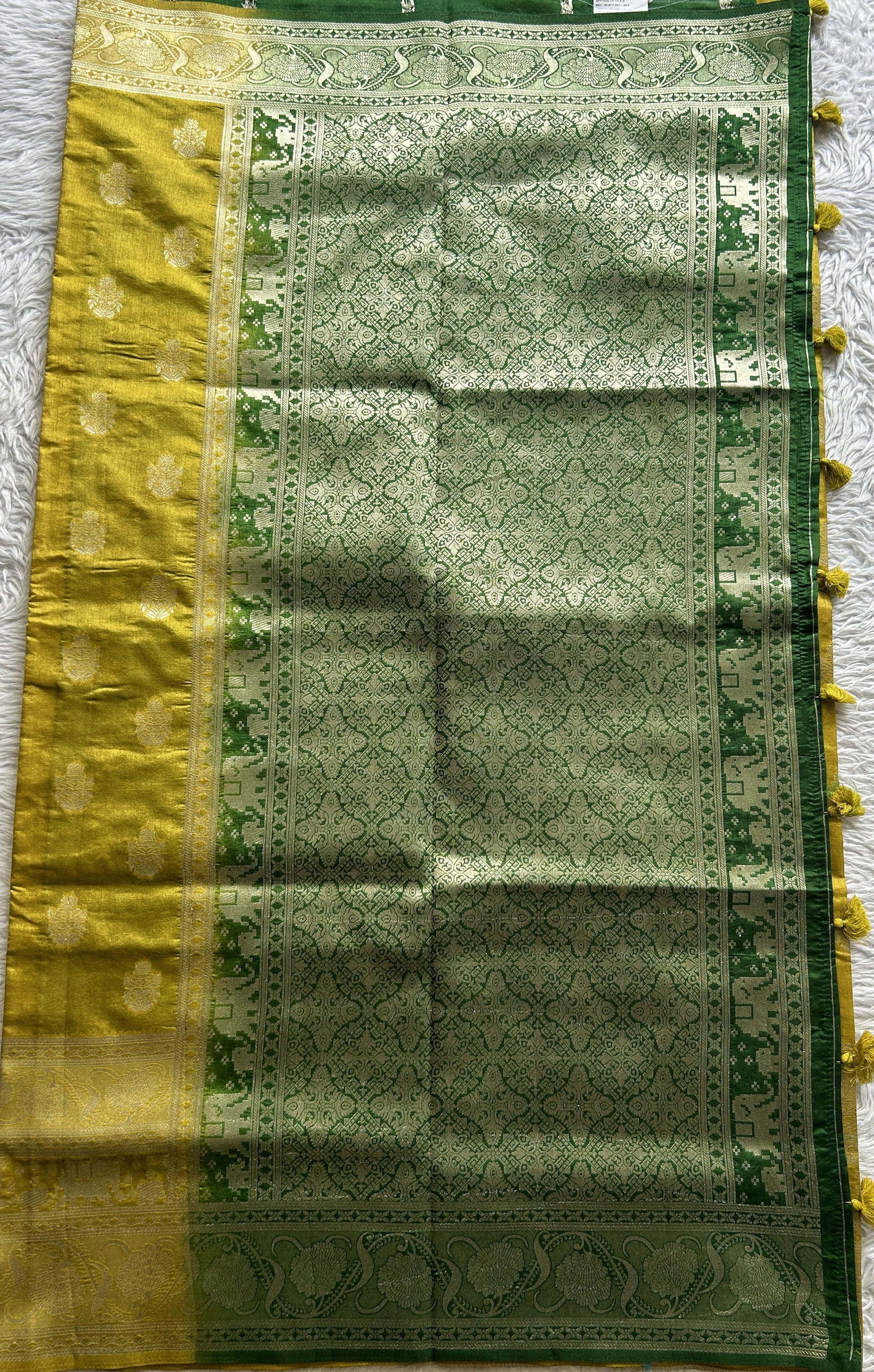 Semi Raw Silk Saree Fluorescent Green Colored Complemented with a Zari Border. - Sampradaya Designer Studio