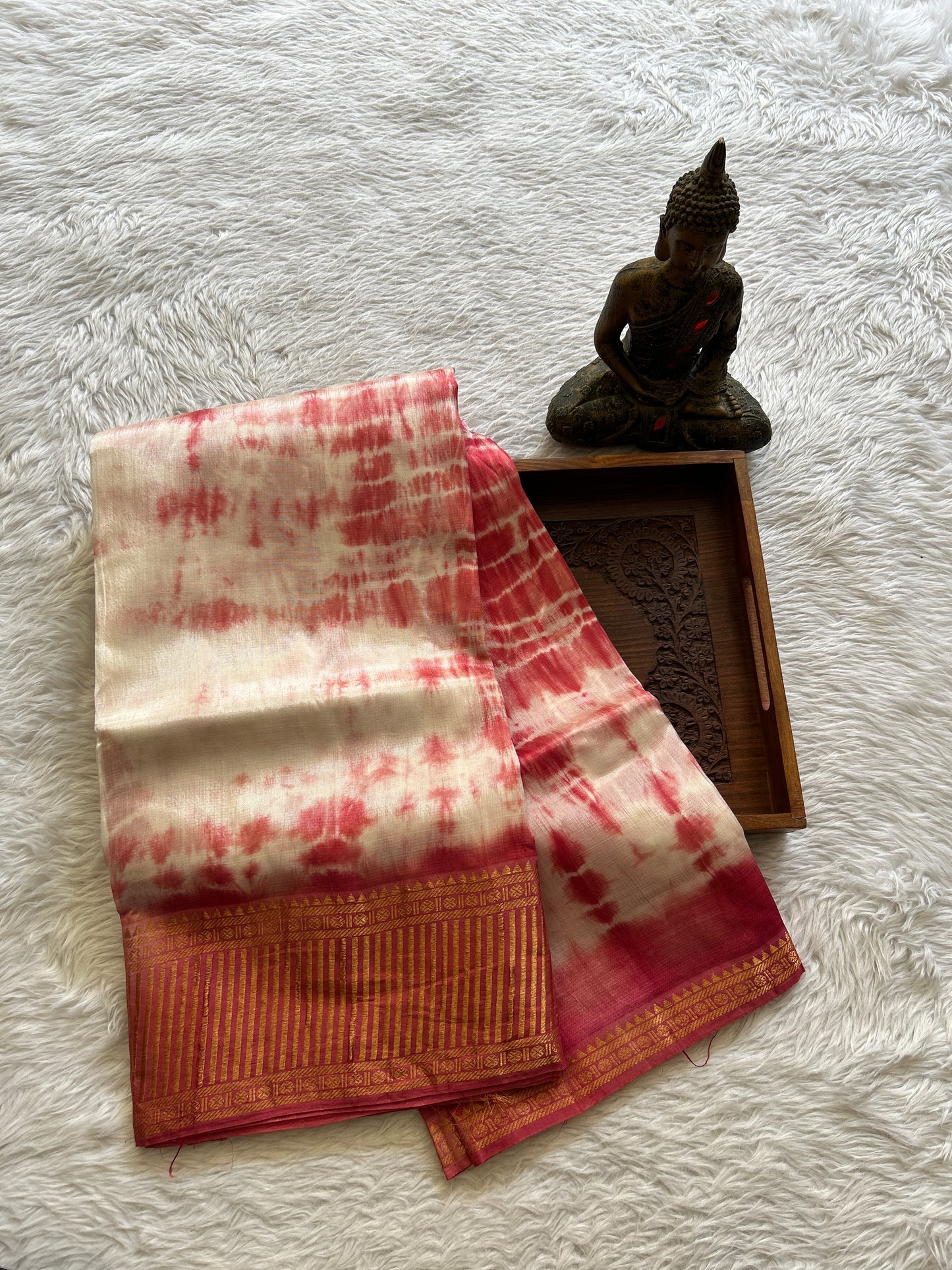 Mangalagiri Pattu Shibori Saree Off White colored complemented with a Rouge Color Zari Border - Sampradaya Designer Studio