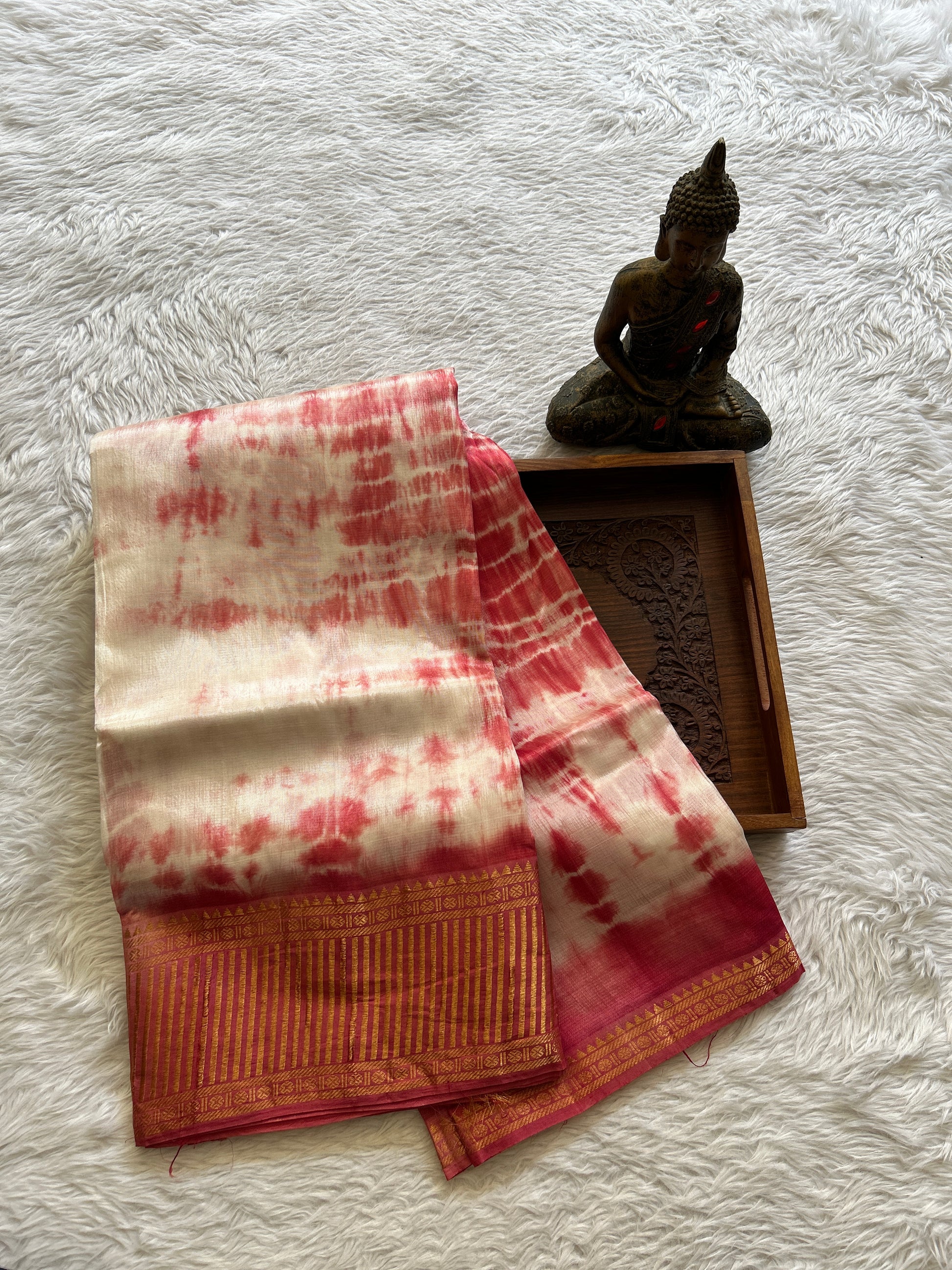 Mangalagiri Pattu Shibori Saree Off White colored complemented with a Rouge Color Zari Border - Sampradaya Designer Studio