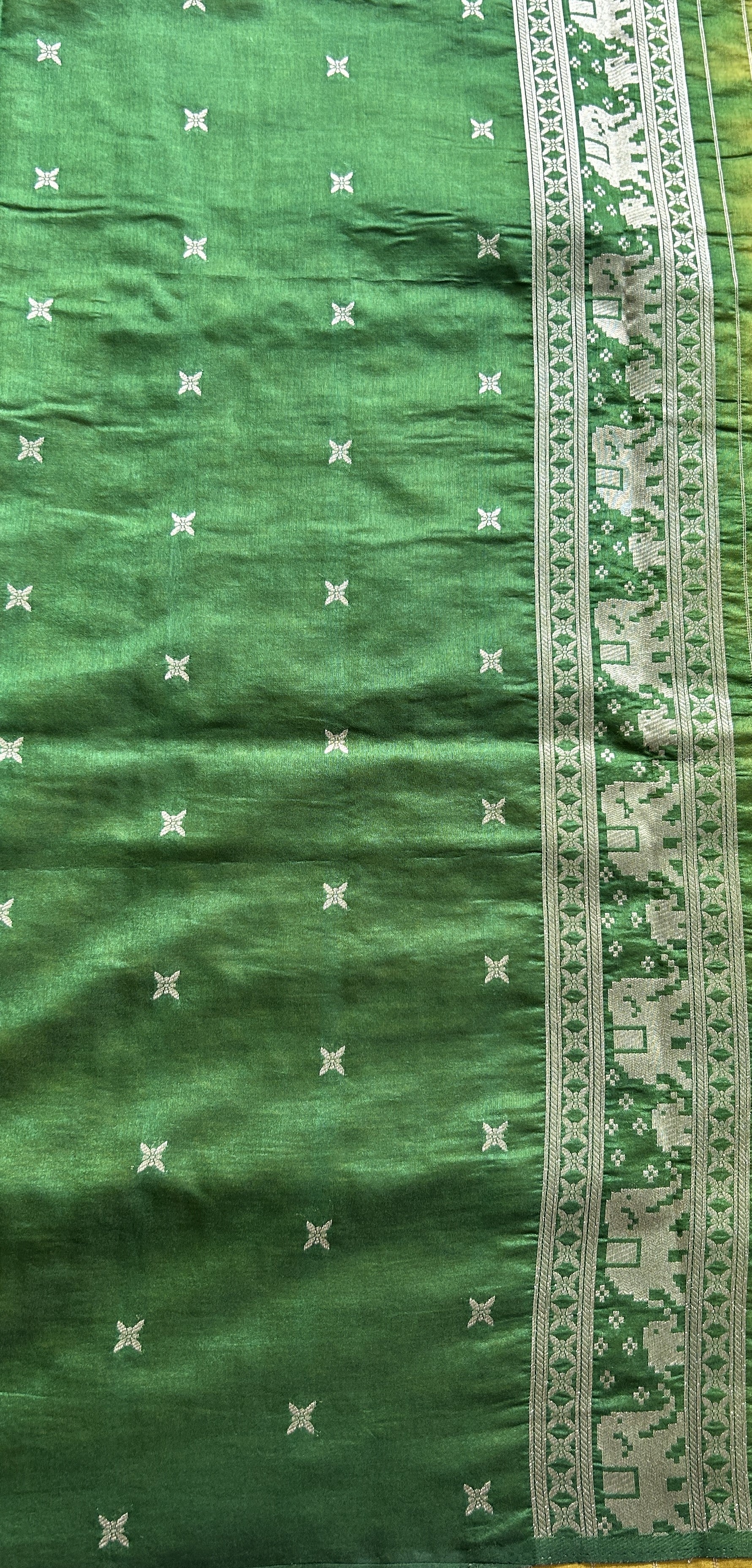 Semi Raw Silk Saree Fluorescent Green Colored Complemented with a Zari Border. - Sampradaya Designer Studio