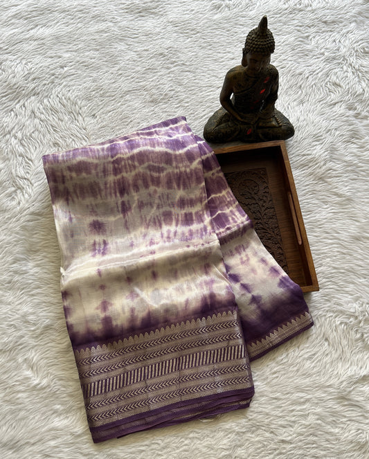 Mangalagiri Pattu Shibori Saree Off White colored complemented with a Purple Color Zari Border - Sampradaya Designer Studio