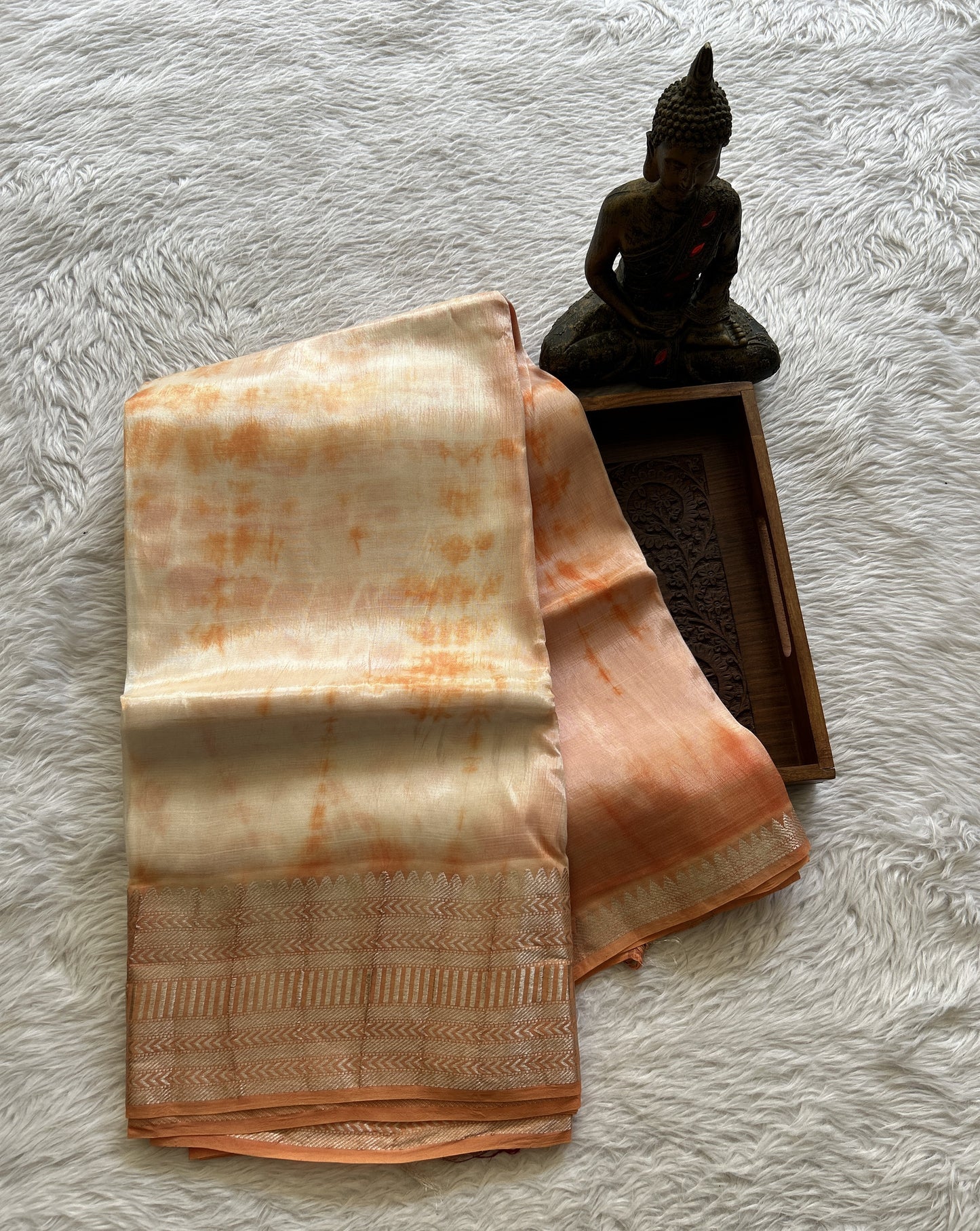 Mangalagiri Pattu Shibori Saree Off White colored complemented with a Pale Orange Color Zari Border - Sampradaya Designer Studio