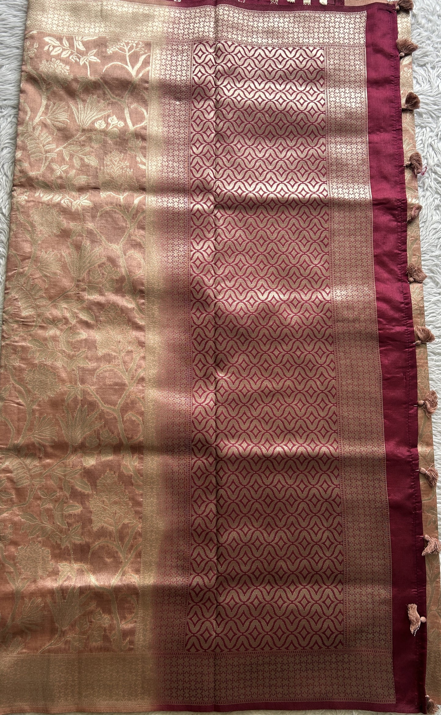 Semi Raw Silk Saree Dusty Peach Colored Complemented with a Zari Border. - Sampradaya Designer Studio