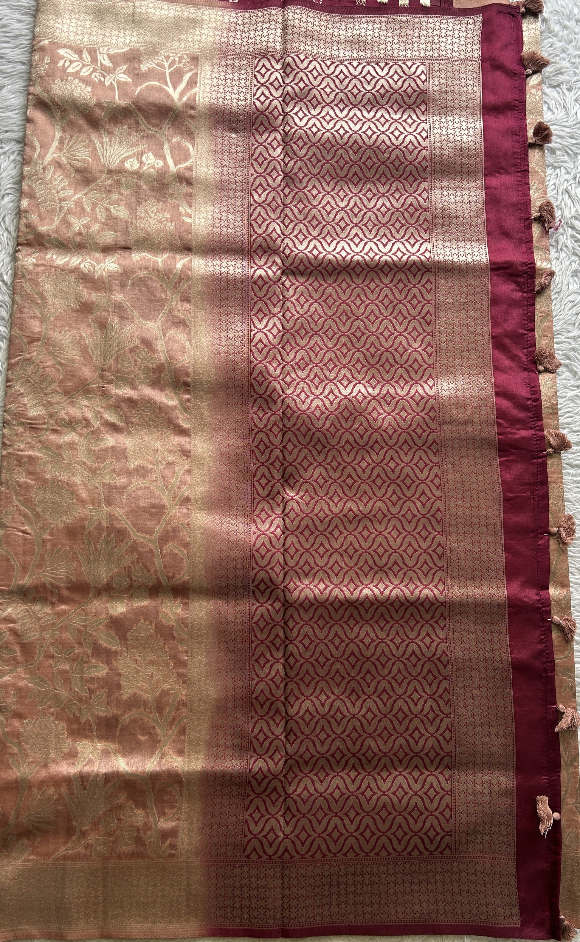 Semi Raw Silk Saree Dusty Peach Colored Complemented with a Zari Border. - Sampradaya Designer Studio