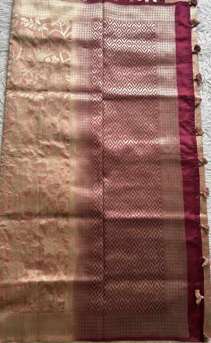 Semi Raw Silk Saree Dusty Peach Colored Complemented with a Zari Border. - Sampradaya Designer Studio