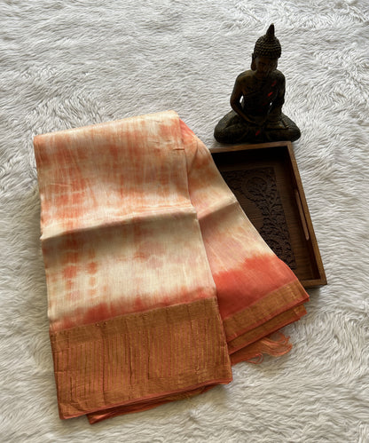Mangalagiri Pattu Shibori Saree Off White colored complemented with a Light Orange Color Zari Border - Sampradaya Designer Studio