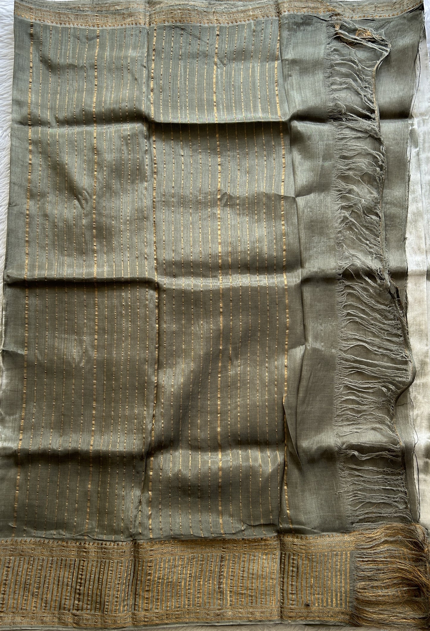 Mangalagiri Pattu Shibori Saree Off White colored complemented with a Dark Olive Green Zari Border - Sampradaya Designer Studio