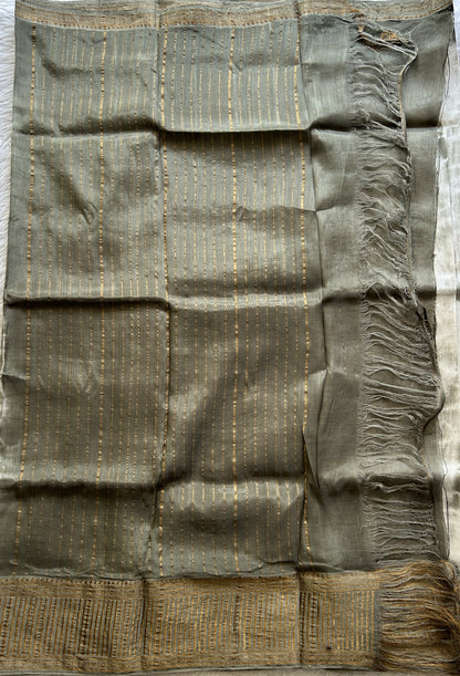 Mangalagiri Pattu Shibori Saree Off White colored complemented with a Dark Olive Green Zari Border - Sampradaya Designer Studio