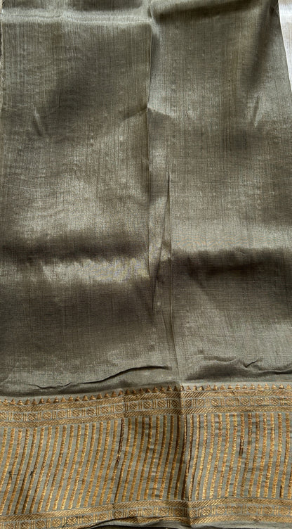 Mangalagiri Pattu Shibori Saree Off White colored complemented with a Dark Olive Green Zari Border - Sampradaya Designer Studio