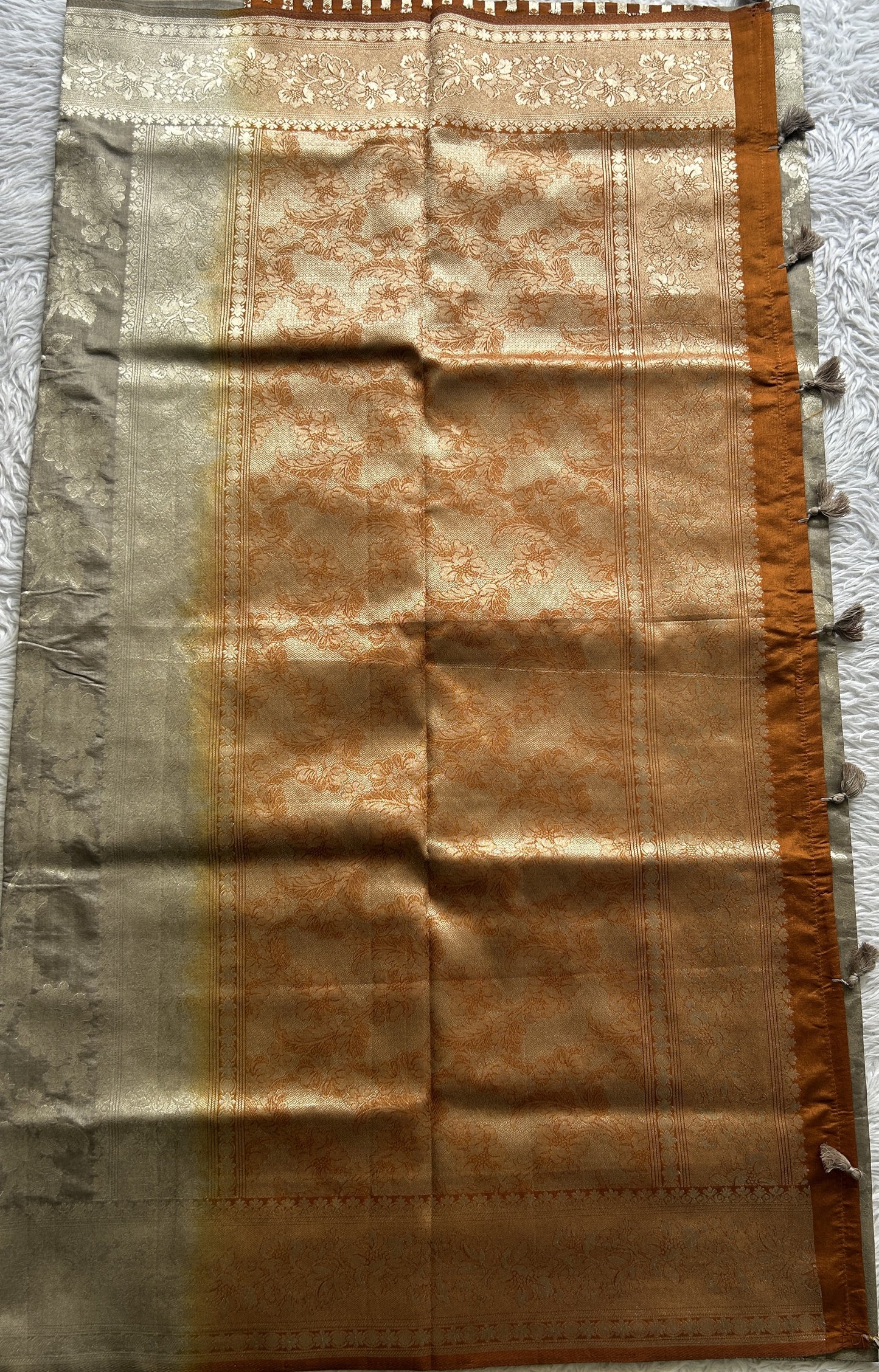 Semi Raw Silk Allover Saree Cement Colored Complemented with a Zari Border. - Sampradaya Designer Studio