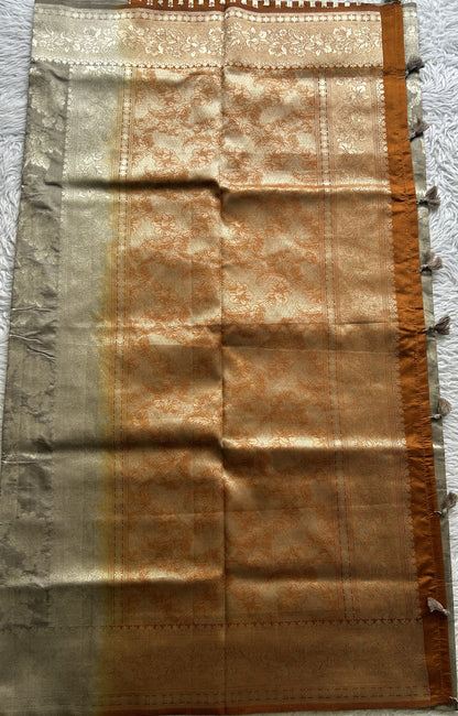 Semi Raw Silk Allover Saree Cement Colored Complemented with a Zari Border. - Sampradaya Designer Studio