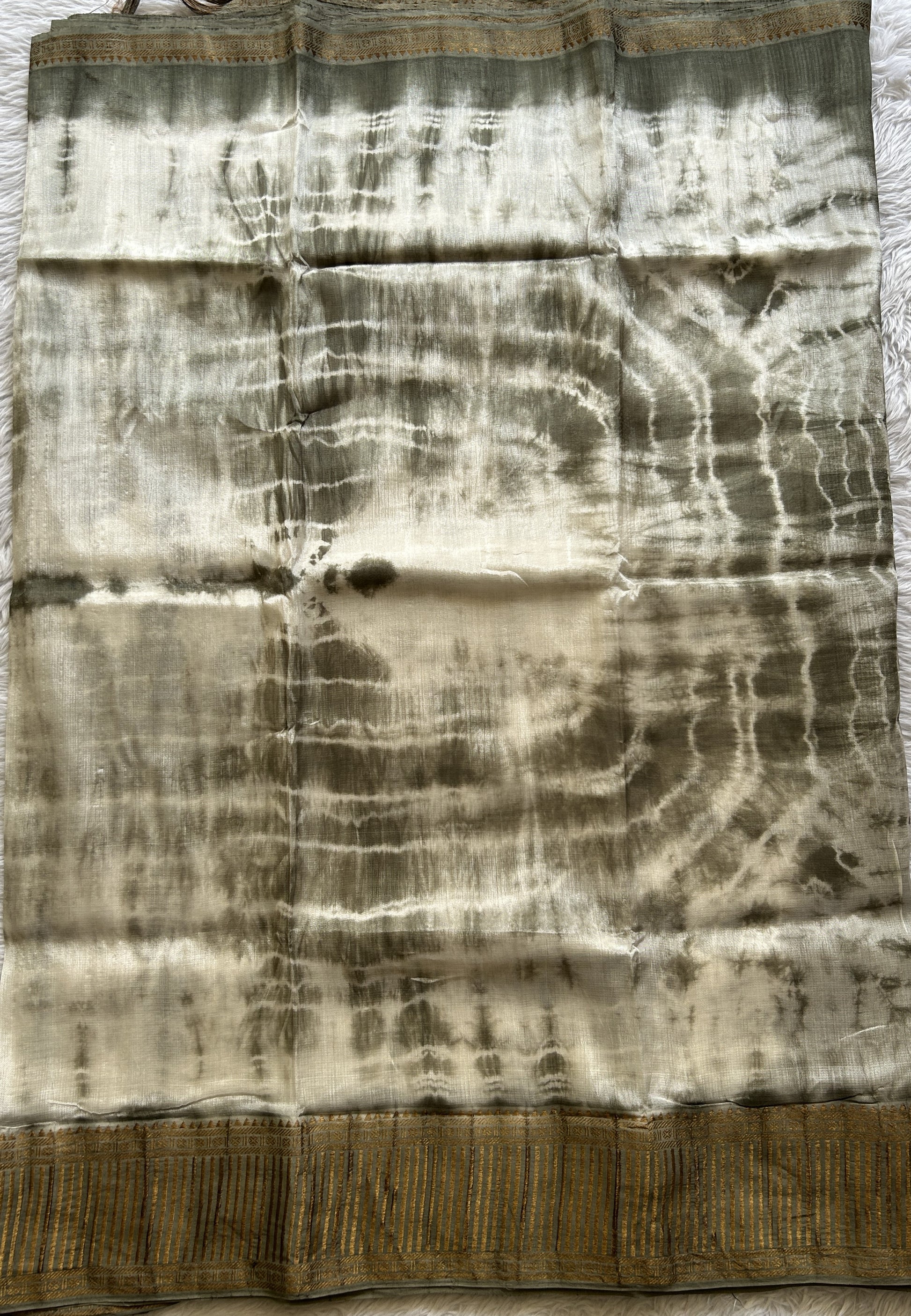 Mangalagiri Pattu Shibori Saree Off White colored complemented with a Dark Olive Green Zari Border - Sampradaya Designer Studio