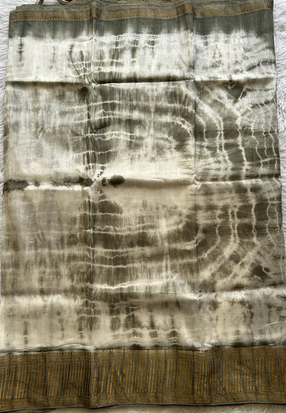 Mangalagiri Pattu Shibori Saree Off White colored complemented with a Dark Olive Green Zari Border - Sampradaya Designer Studio