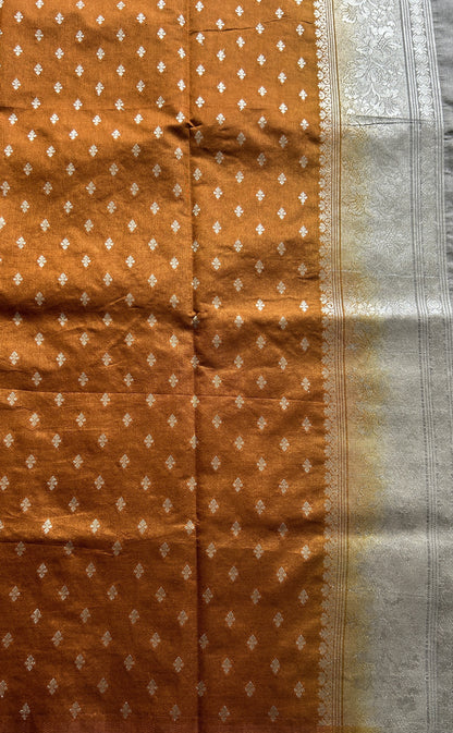 Semi Raw Silk Allover Saree Cement Colored Complemented with a Zari Border. - Sampradaya Designer Studio
