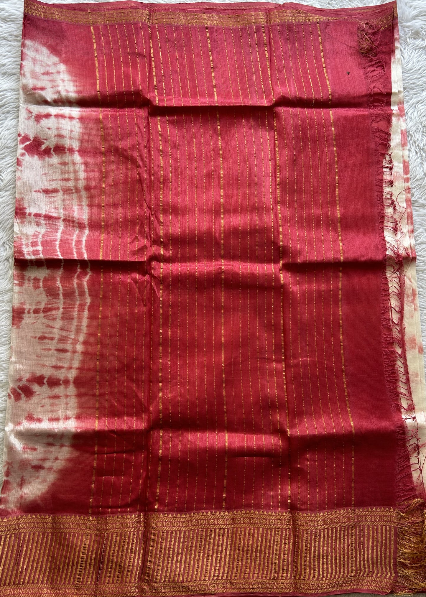 Mangalagiri Pattu Shibori Saree Off White colored complemented with a Rouge Color Zari Border - Sampradaya Designer Studio