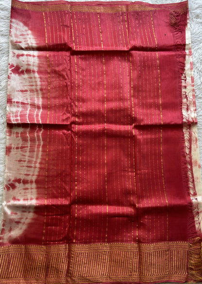 Mangalagiri Pattu Shibori Saree Off White colored complemented with a Rouge Color Zari Border - Sampradaya Designer Studio