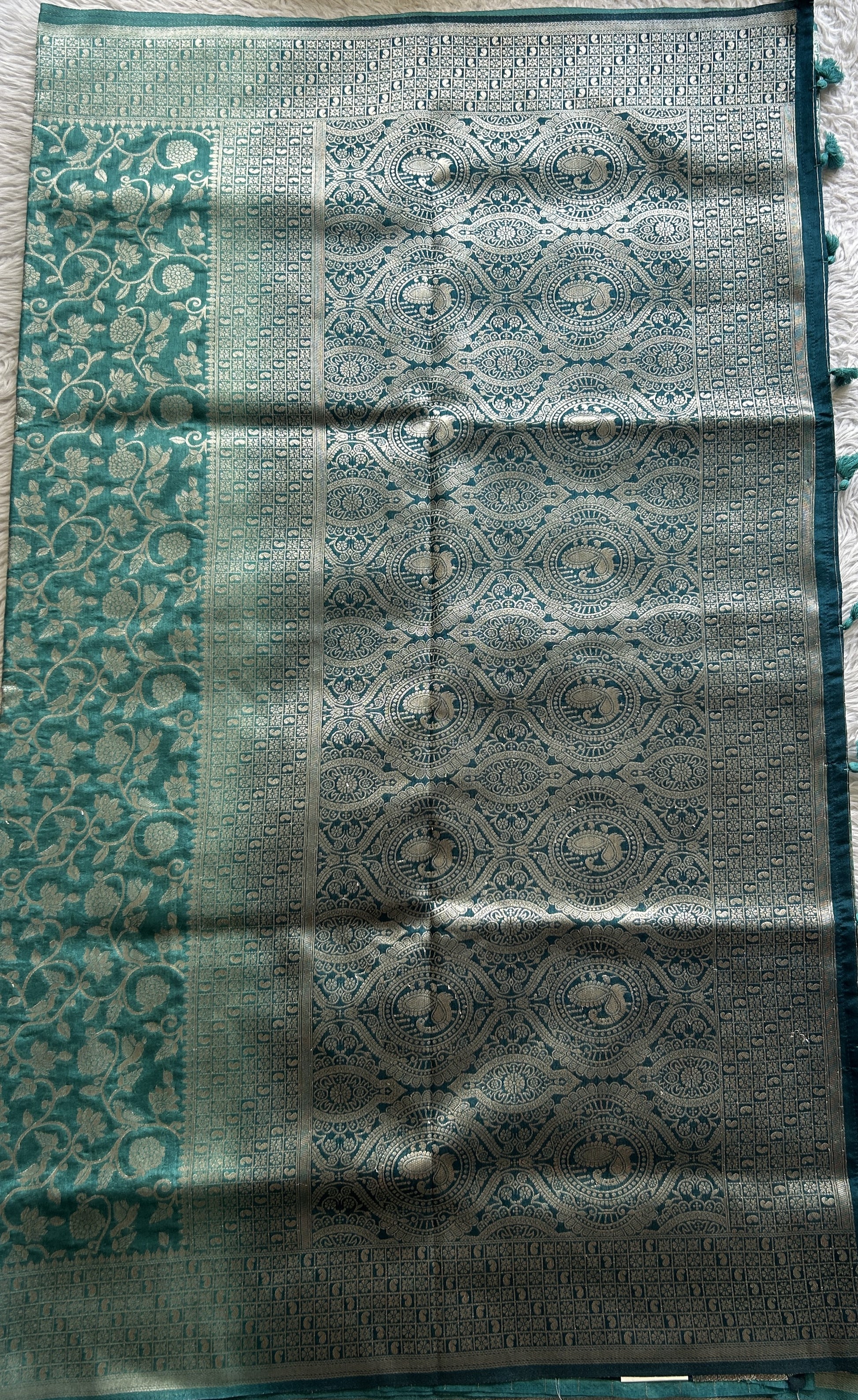 Semi Raw Silk Allover Saree Sapphire Colored Complemented with a Zari Border. - Sampradaya Designer Studio