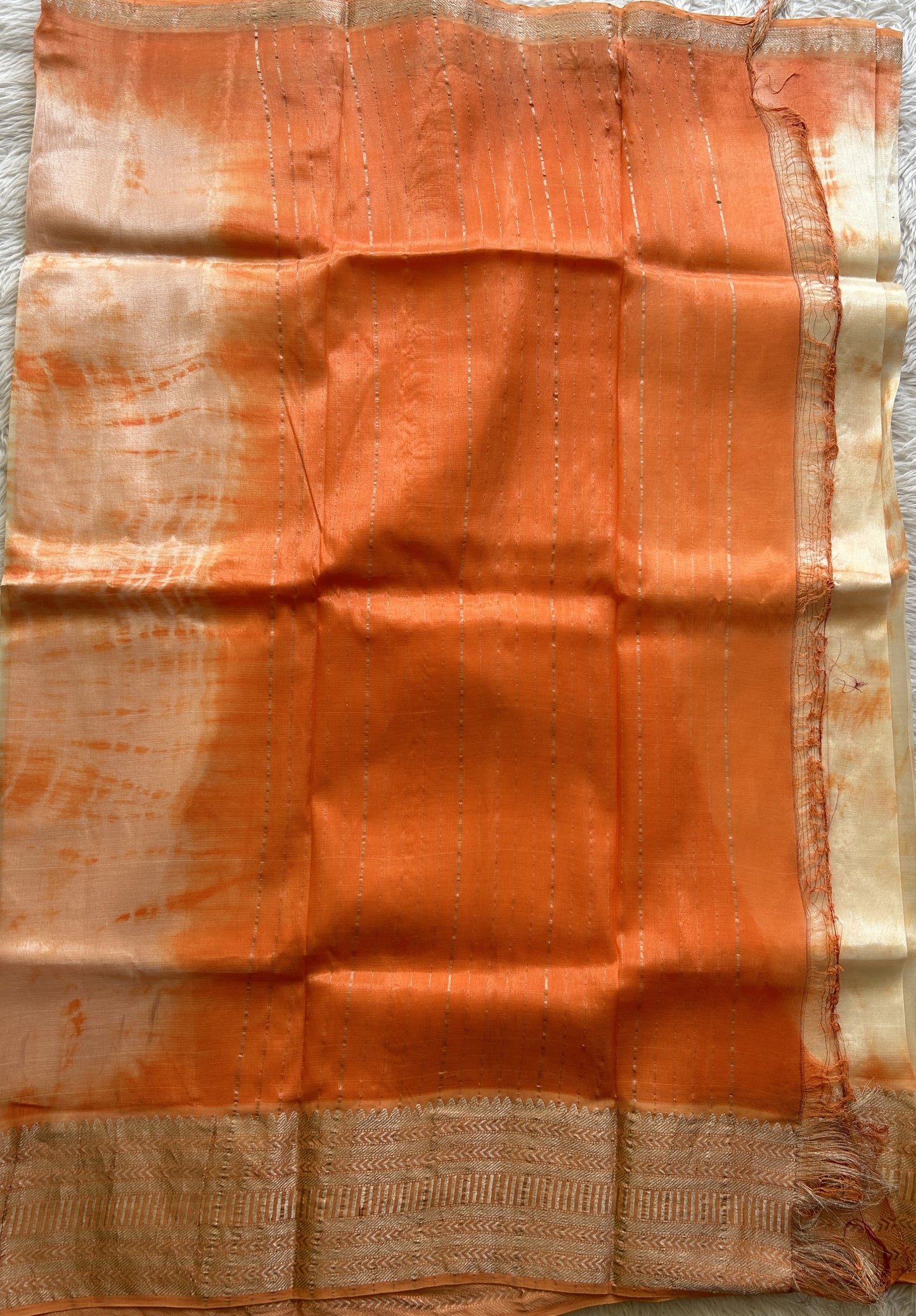 Mangalagiri Pattu Shibori Saree Off White colored complemented with a Pale Orange Color Zari Border - Sampradaya Designer Studio