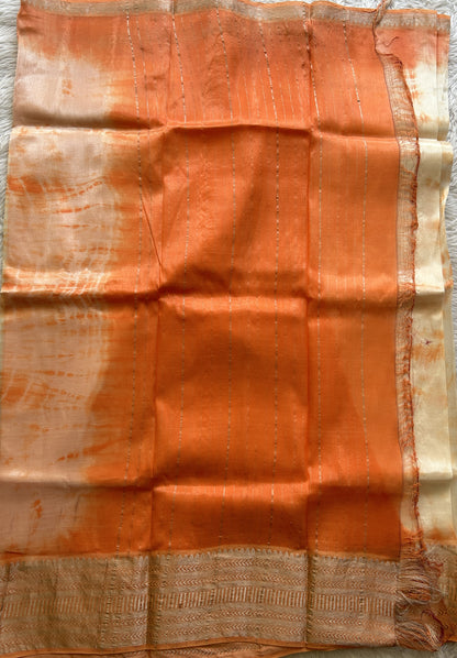 Mangalagiri Pattu Shibori Saree Off White colored complemented with a Pale Orange Color Zari Border - Sampradaya Designer Studio
