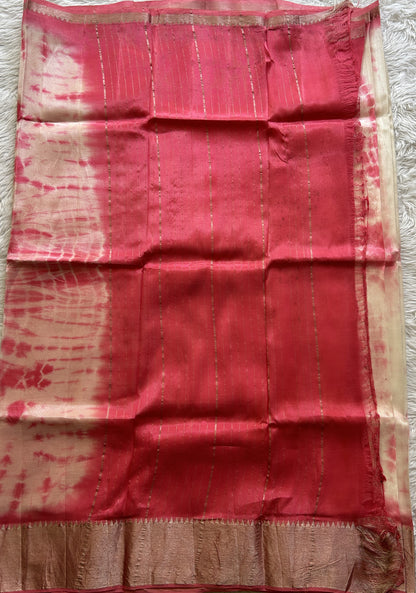 Mangalagiri Pattu Shibori Saree Off White colored complemented with a Pink Color Zari Border - Sampradaya Designer Studio