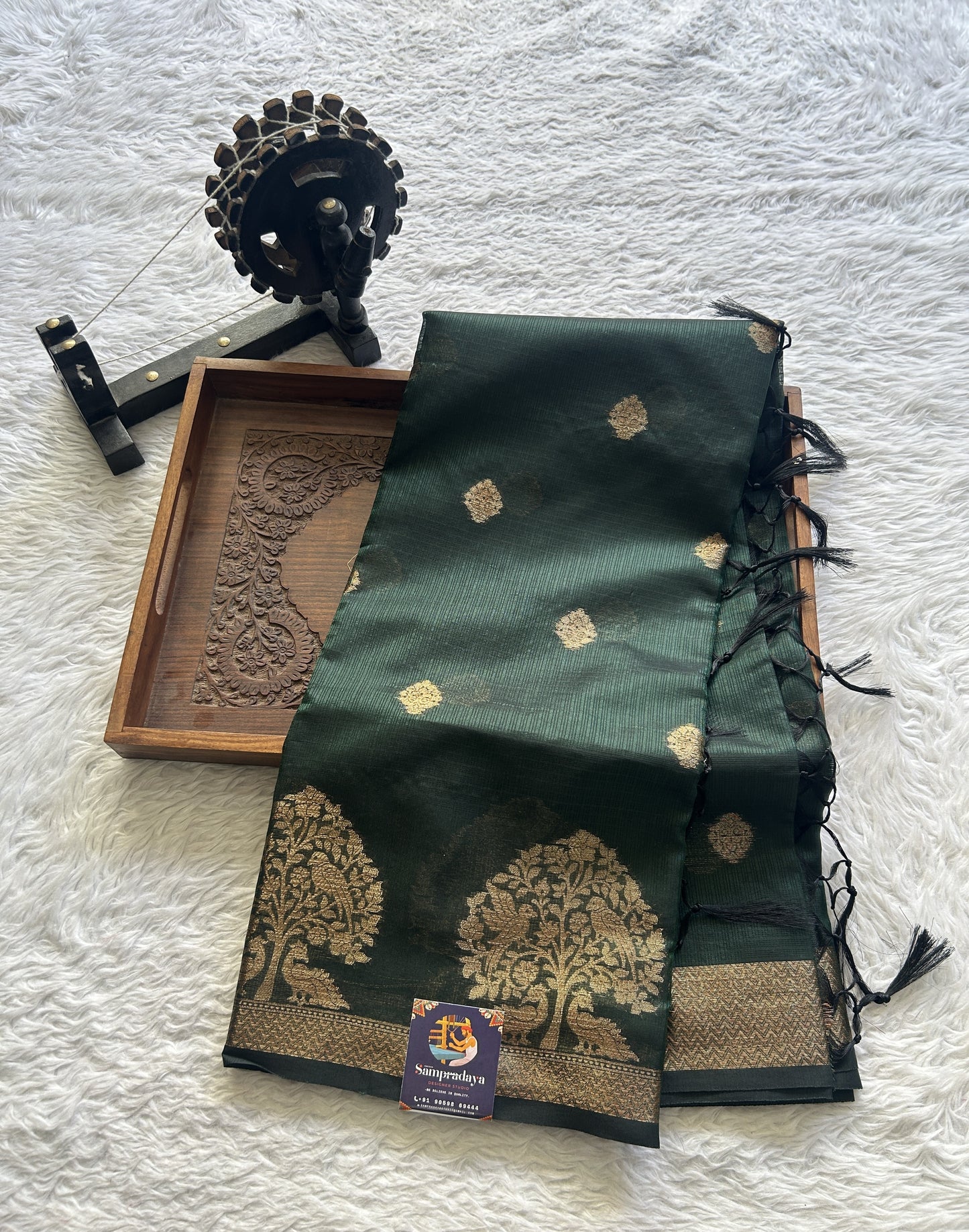 Silk kota Saree Deep Bottle Green colored Complemented with a Zari Border. - Sampradaya Designer Studio
