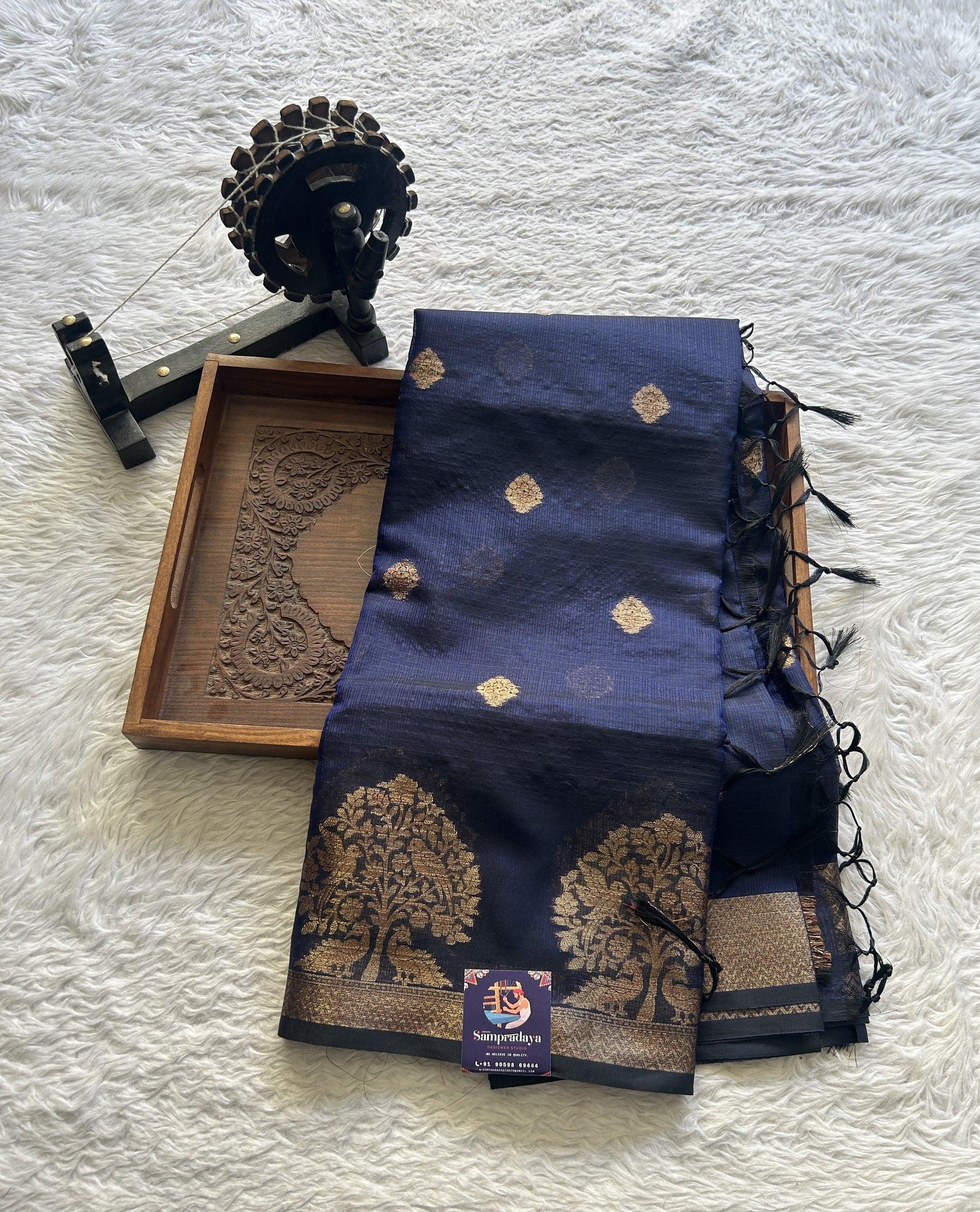 Silk kota Saree Navy Blue colored Complemented with a Zari Border. - Sampradaya Designer Studio