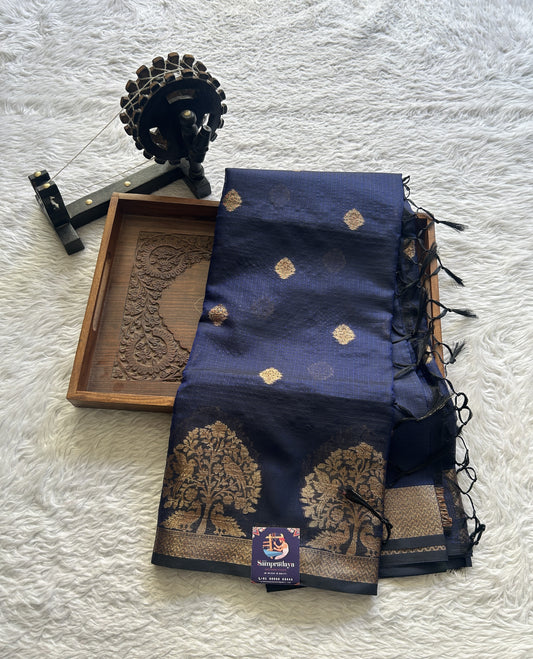 Silk kota Saree Navy Blue colored Complemented with a Zari Border. - Sampradaya Designer Studio
