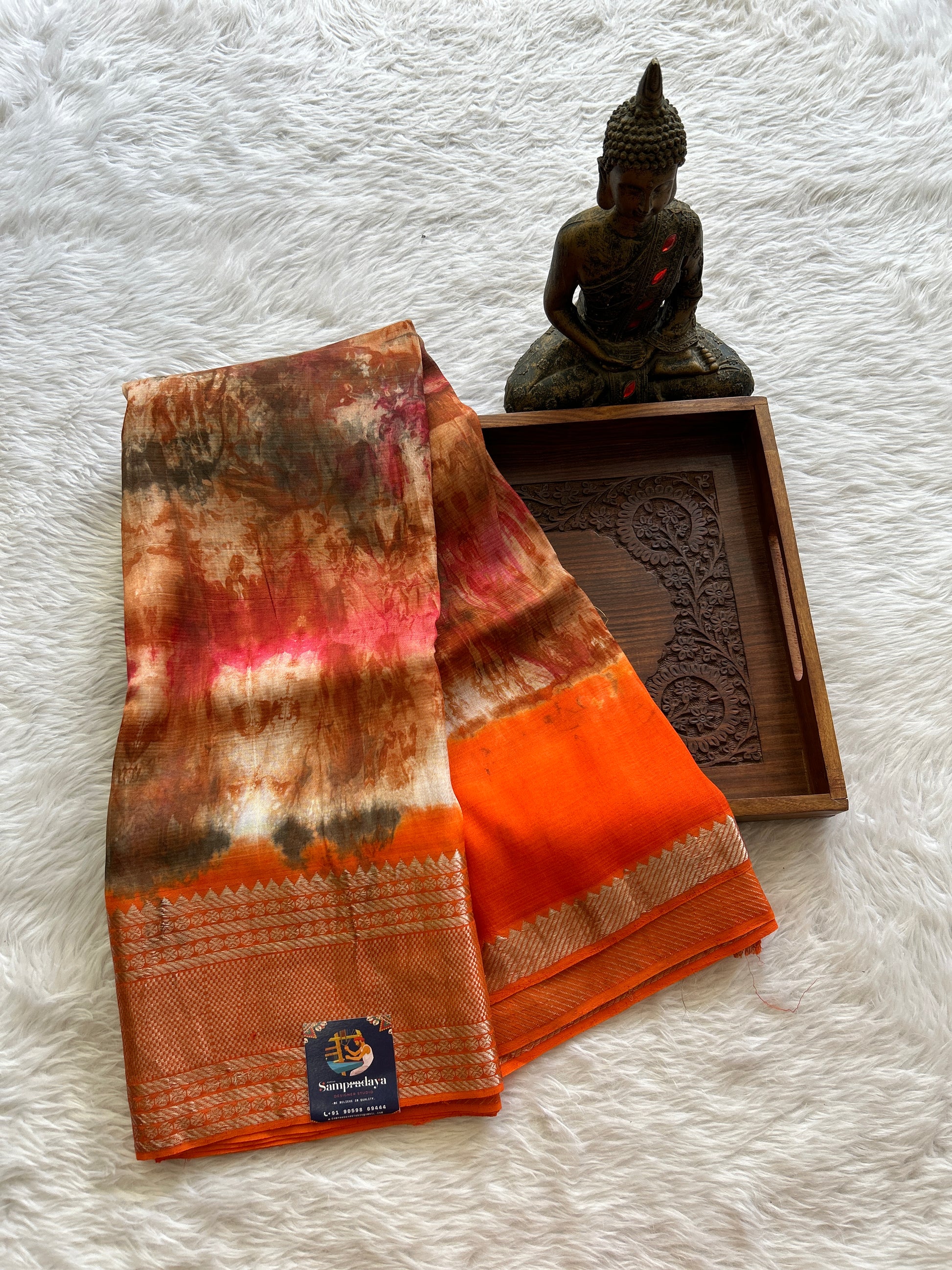 Mangalagiri Pattu Shibori Saree Multi colored complemented with a Orange Color Zari Border - Sampradaya Designer Studio