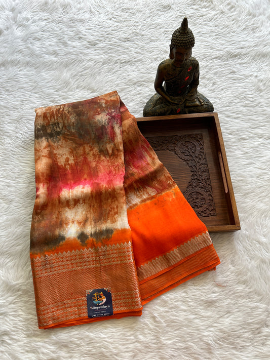 Mangalagiri Pattu Shibori Saree Multi colored complemented with a Orange Color Zari Border - Sampradaya Designer Studio