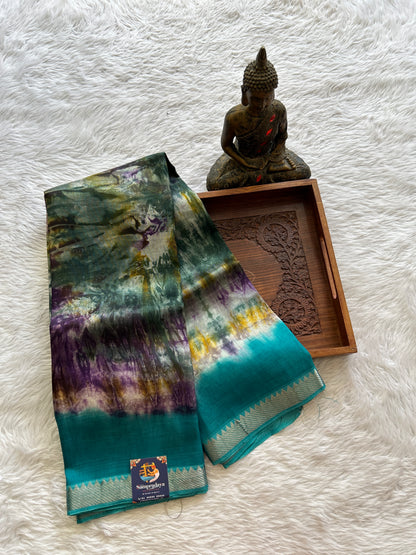 Mangalagiri Pattu Shibori Saree Multi colored complemented with a Sea Blue Color Zari Border - Sampradaya Designer Studio