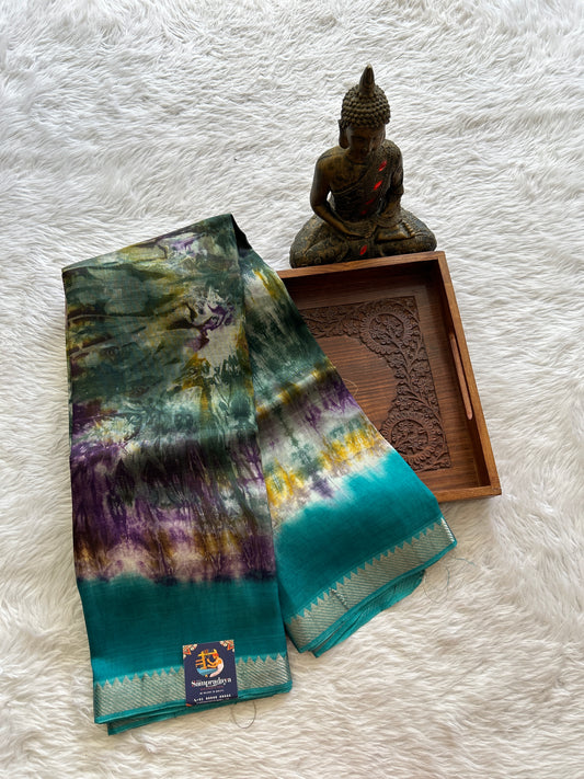Mangalagiri Pattu Shibori Saree Multi colored complemented with a Sea Blue Color Zari Border - Sampradaya Designer Studio