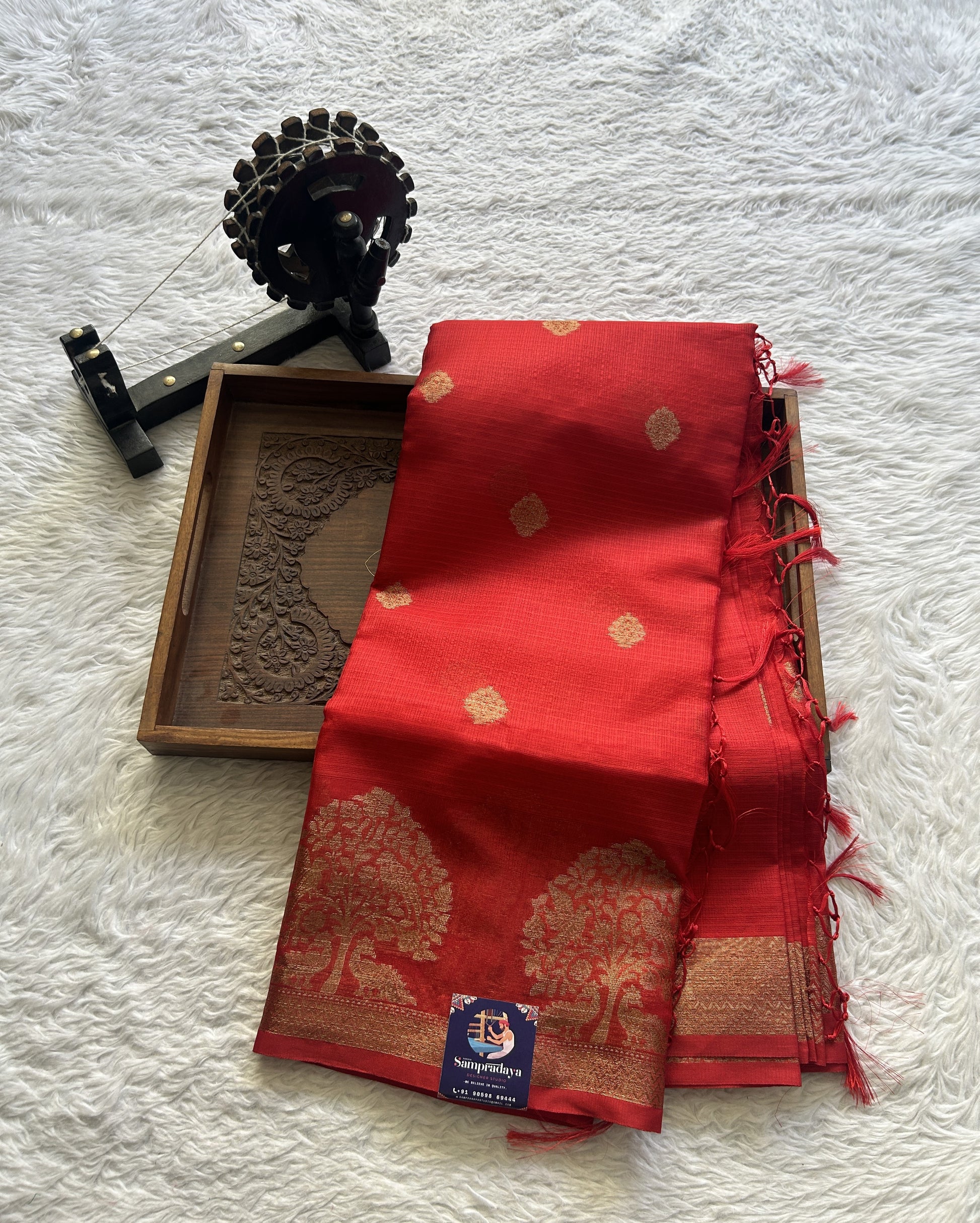 Silk kota Saree Deep Red colored Complemented with a Zari Border. - Sampradaya Designer Studio