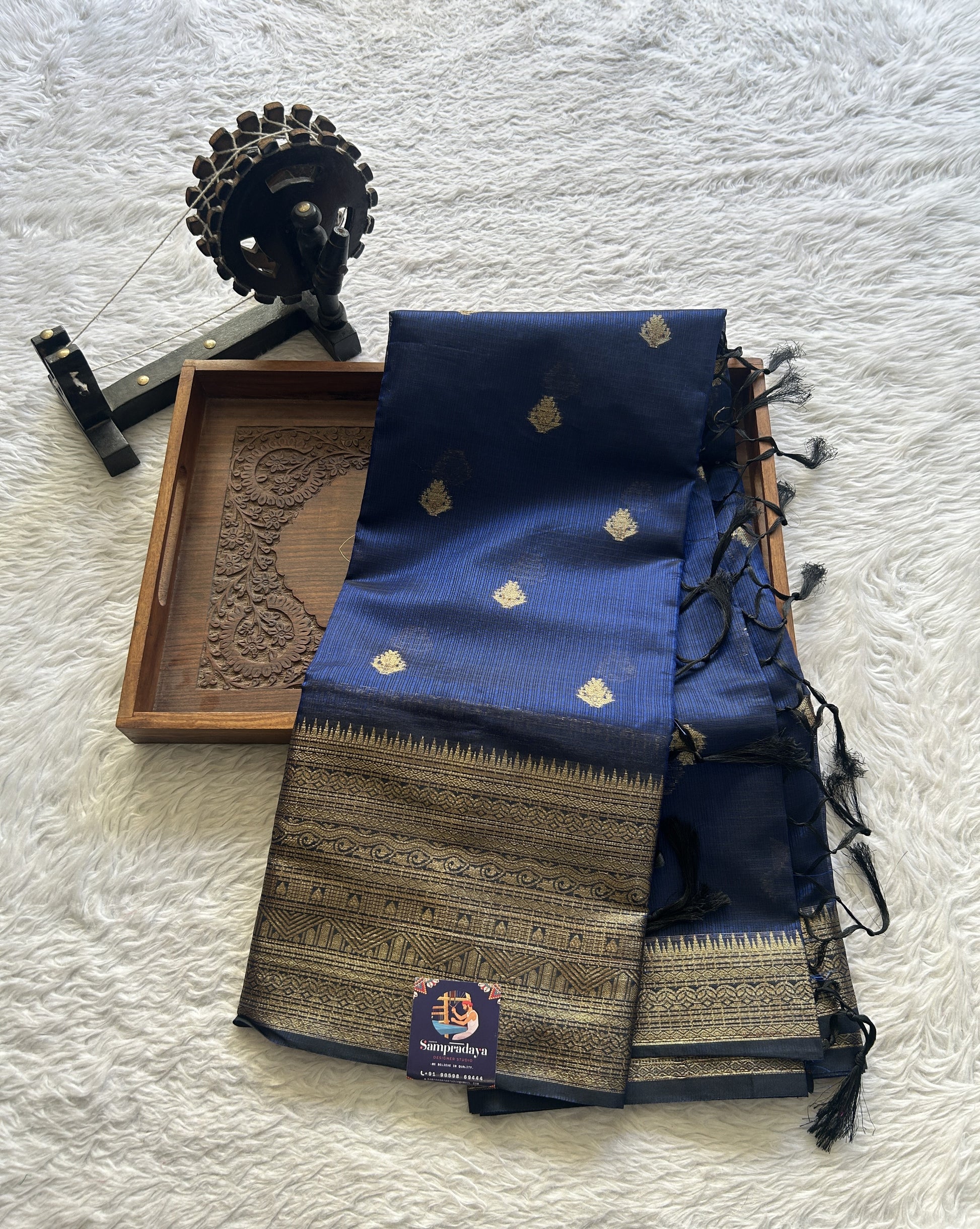 Silk kota Saree Ink Blue colored Complemented with a Zari Border. - Sampradaya Designer Studio