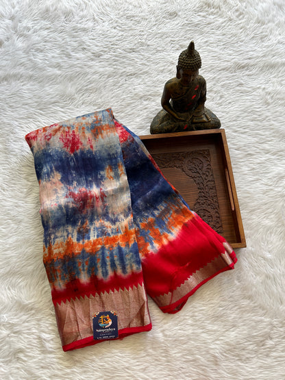 Mangalagiri Pattu Shibori Saree Multi colored complemented with a Rose Red Color Zari Border - Sampradaya Designer Studio