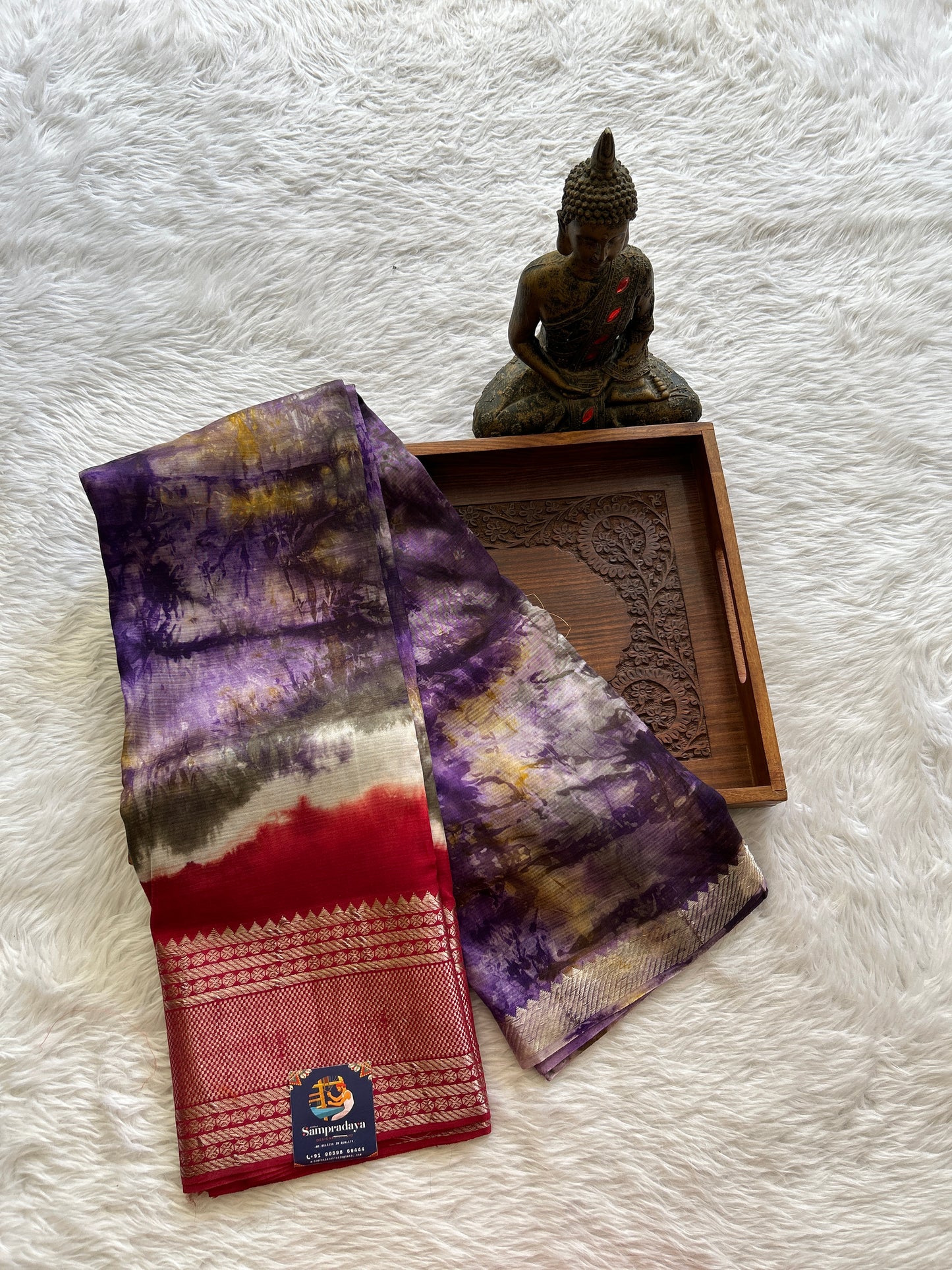 Mangalagiri Pattu Shibori Saree Multi colored complemented with a Maroon Color Zari Border - Sampradaya Designer Studio