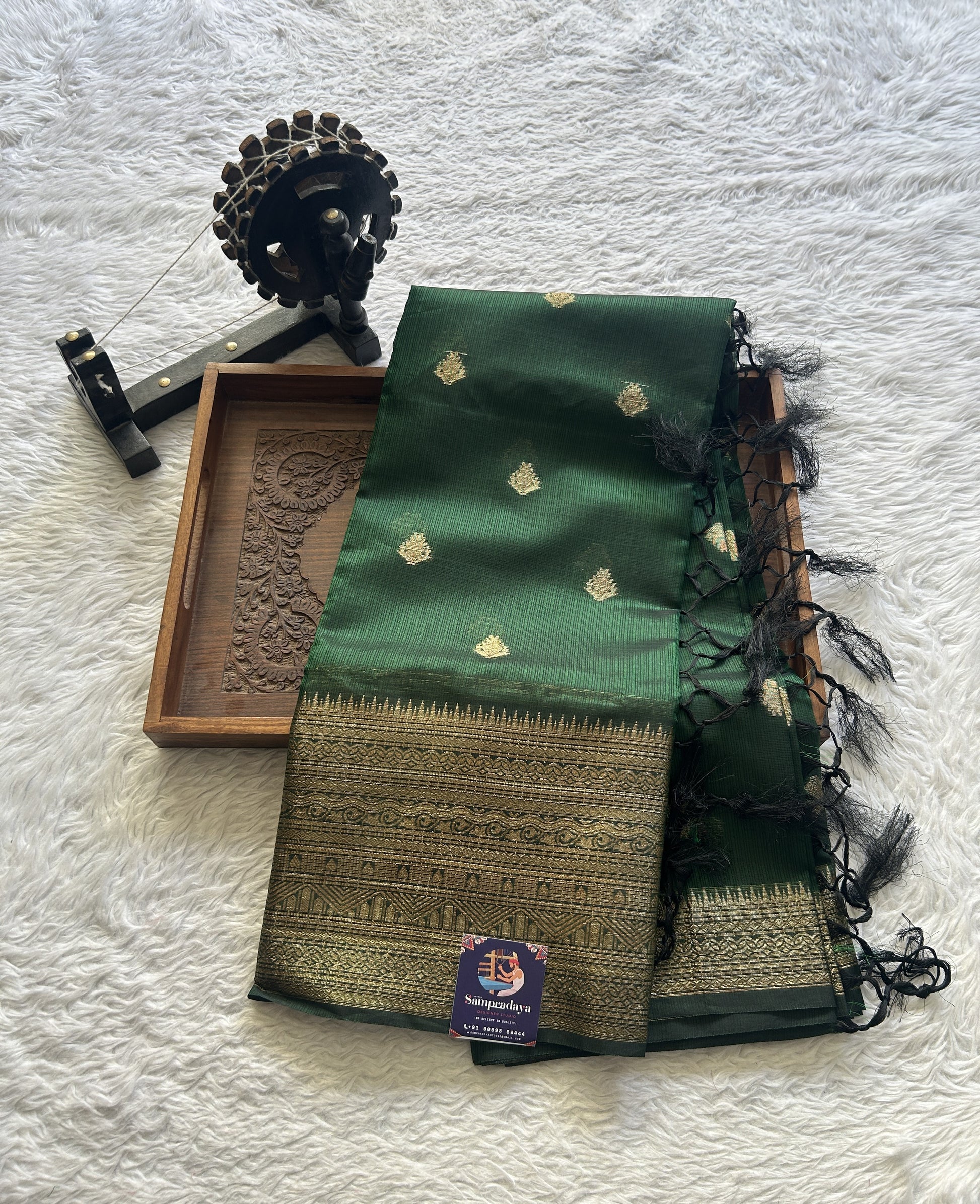 Silk kota Saree Dark Green colored Complemented with a Zari Border. - Sampradaya Designer Studio