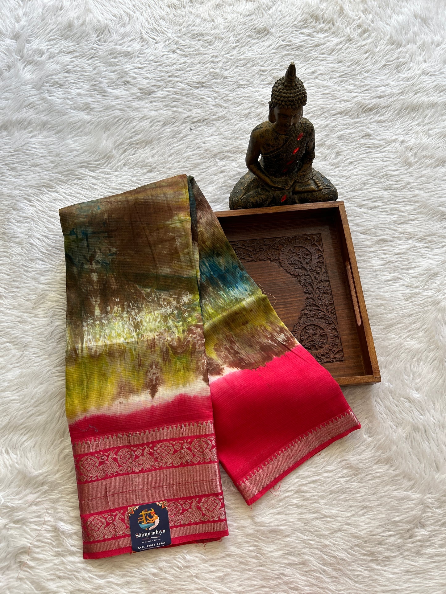 Mangalagiri Pattu Shibori Saree Multi colored complemented with a Pink Color Zari Border - Sampradaya Designer Studio