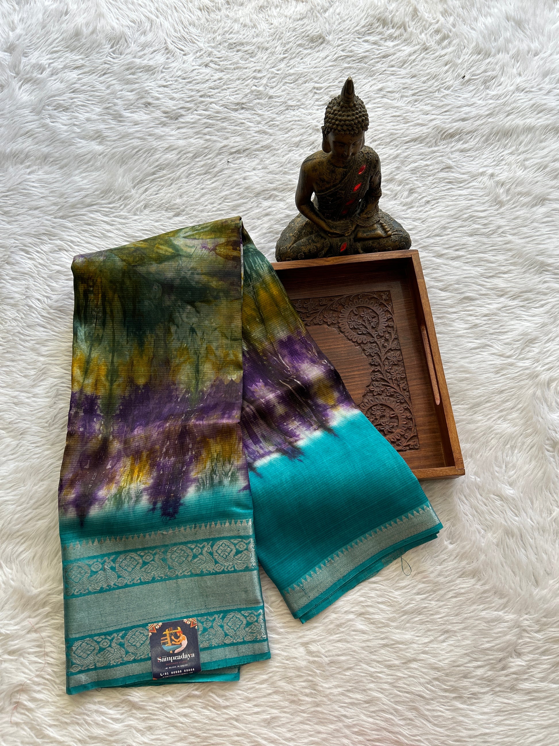 Mangalagiri Pattu Shibori Saree Multi colored complemented with a Sea Blue Color Zari Border - Sampradaya Designer Studio