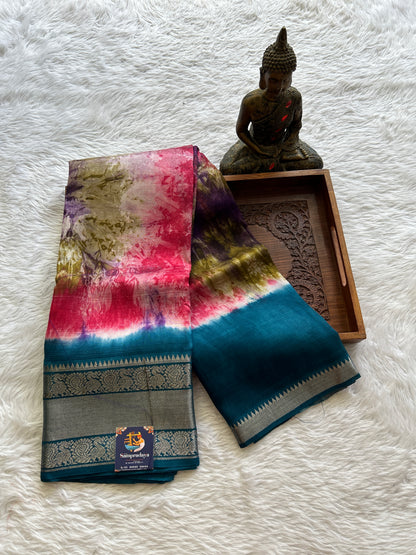 Mangalagiri Pattu Shibori Saree Multi colored complemented with a Peacock Blue Color Zari Border - Sampradaya Designer Studio