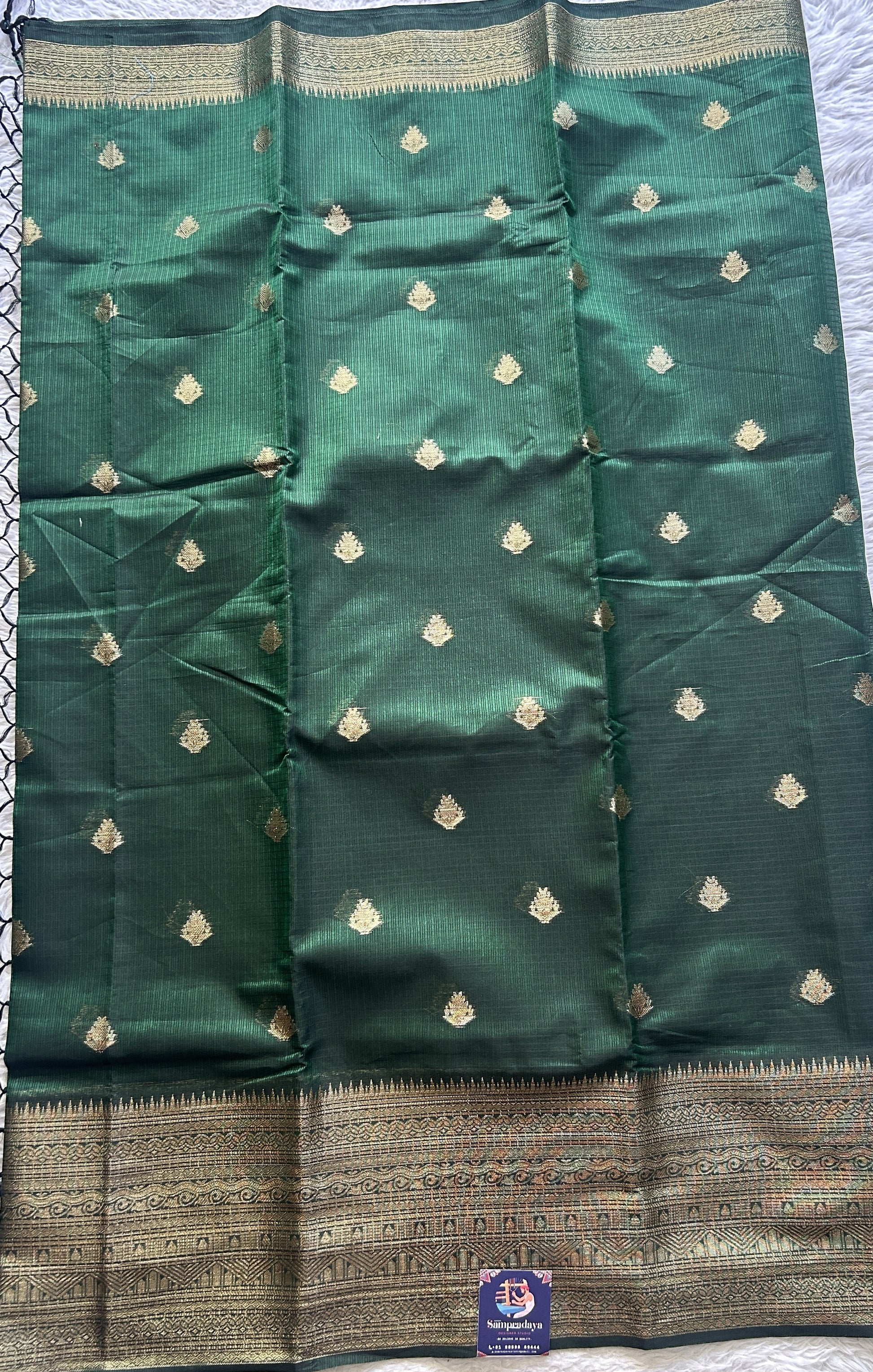 Silk kota Saree Dark Green colored Complemented with a Zari Border. - Sampradaya Designer Studio