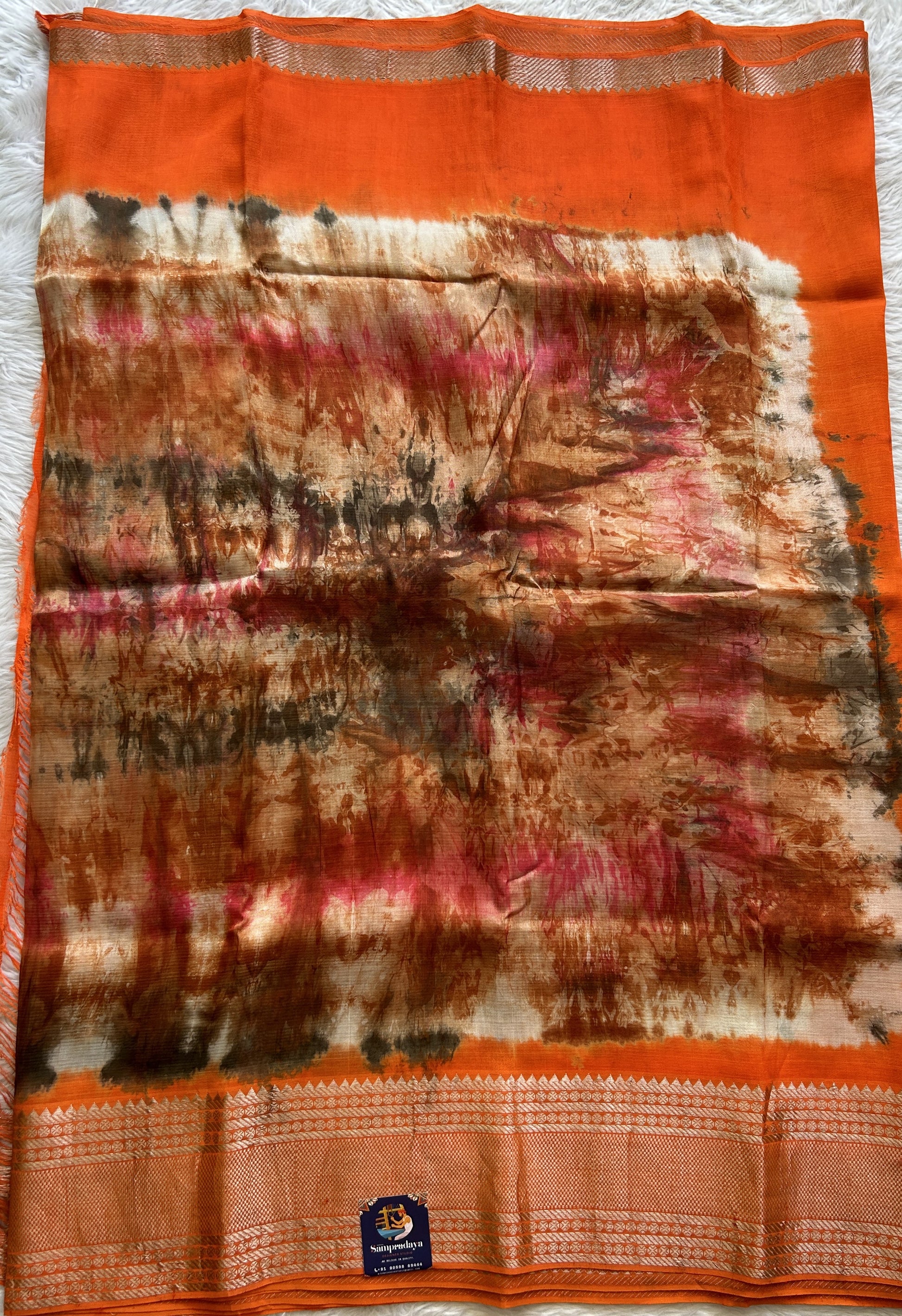 Mangalagiri Pattu Shibori Saree Multi colored complemented with a Orange Color Zari Border - Sampradaya Designer Studio