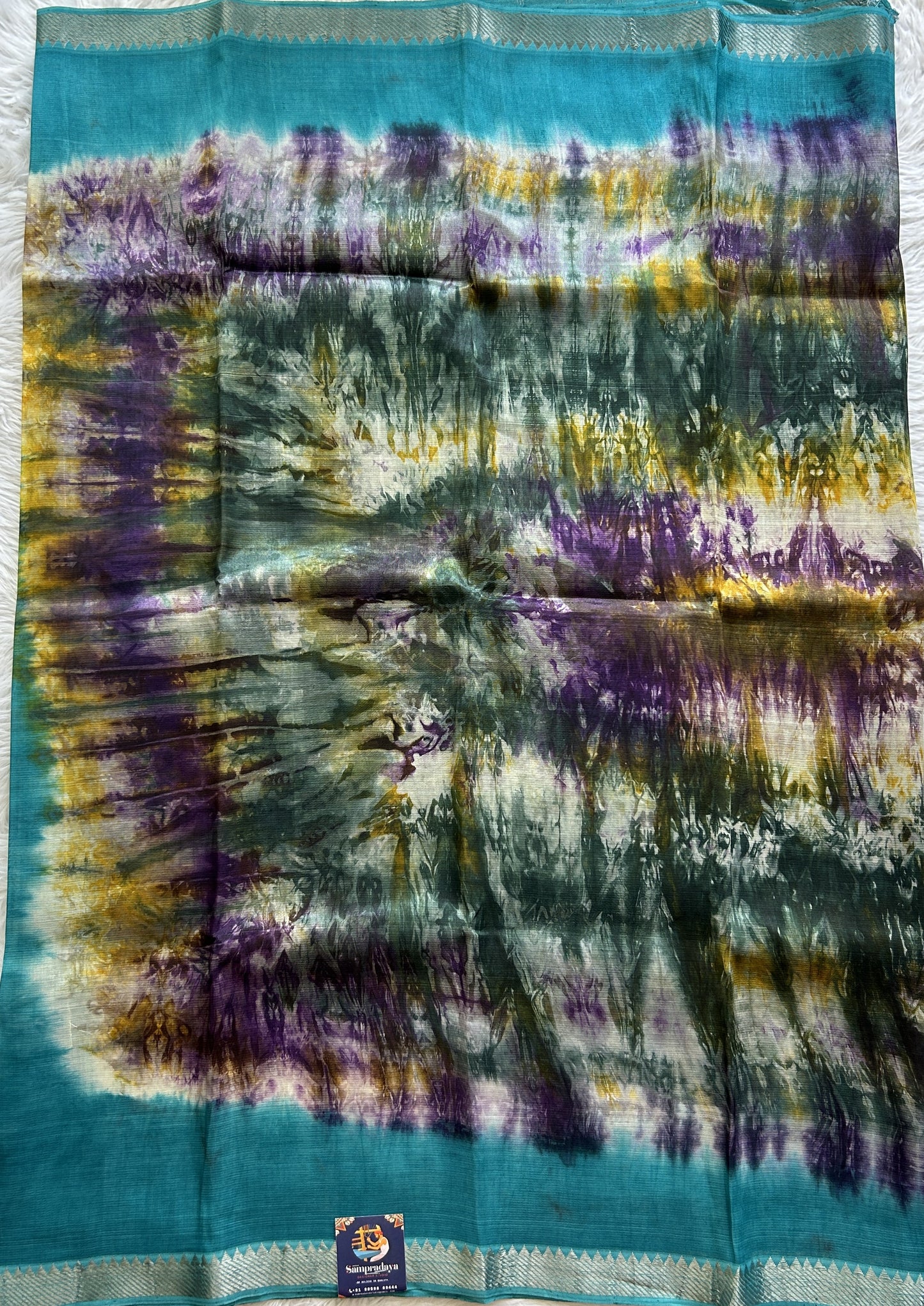 Mangalagiri Pattu Shibori Saree Multi colored complemented with a Sea Blue Color Zari Border - Sampradaya Designer Studio