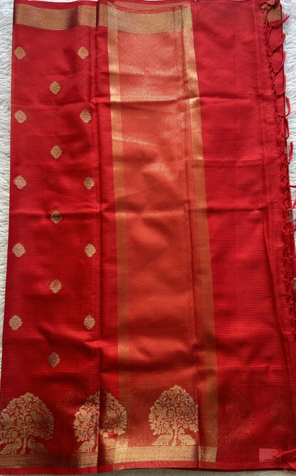 Silk kota Saree Deep Red colored Complemented with a Zari Border. - Sampradaya Designer Studio