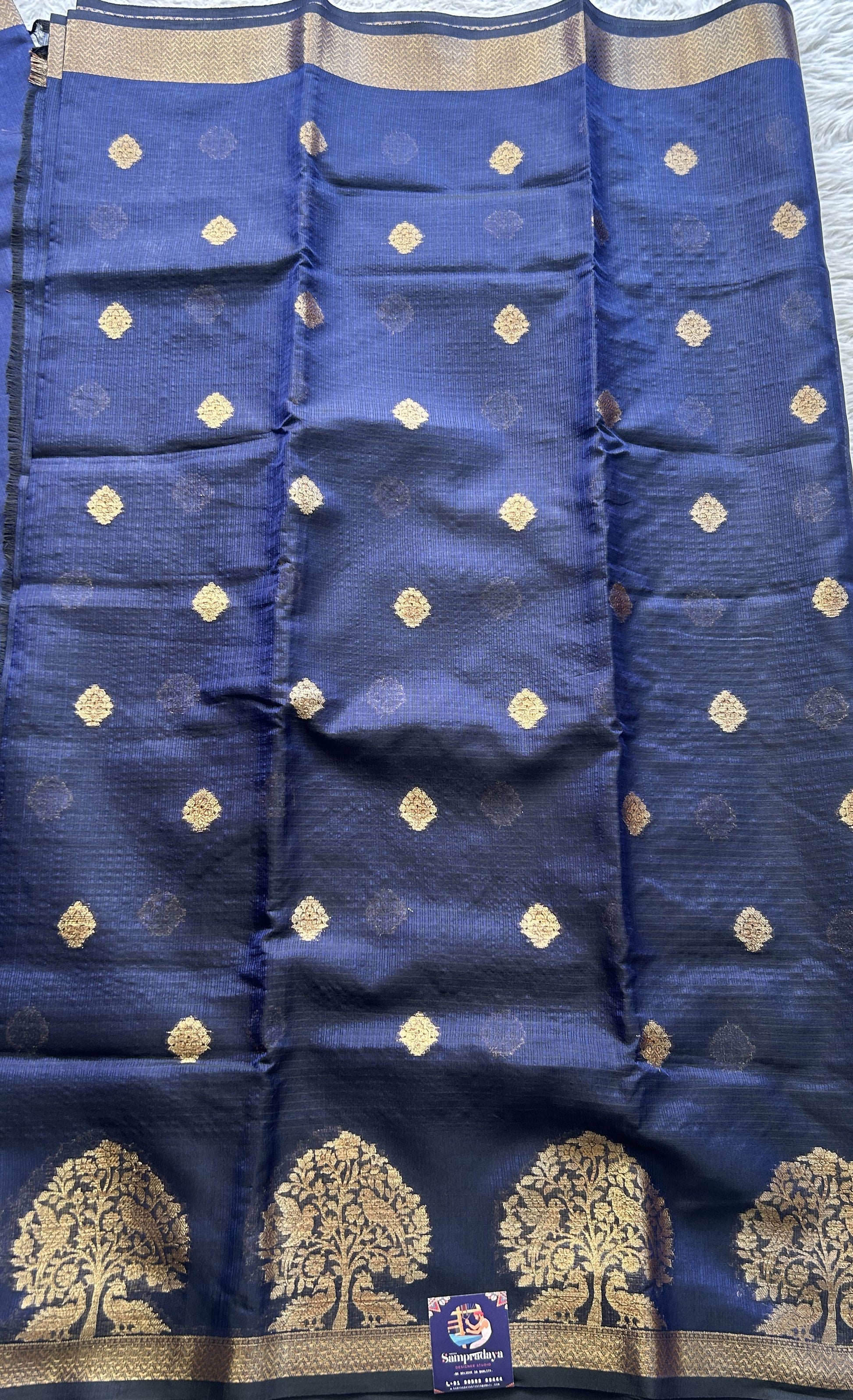 Silk kota Saree Navy Blue colored Complemented with a Zari Border. - Sampradaya Designer Studio