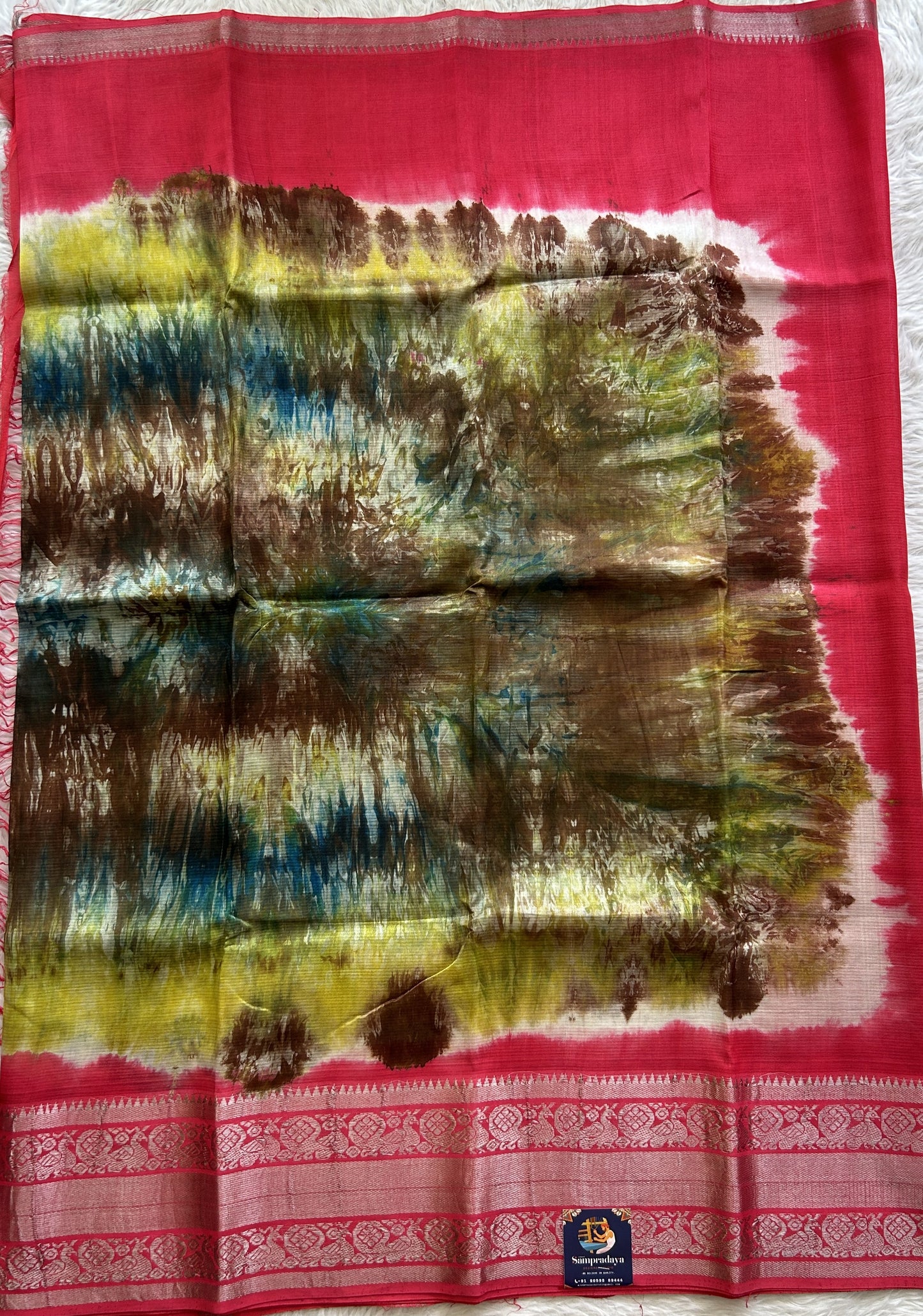 Mangalagiri Pattu Shibori Saree Multi colored complemented with a Pink Color Zari Border - Sampradaya Designer Studio